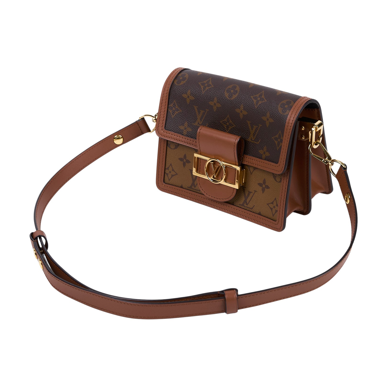 路易威登 LOUIS VUITTON Mini Dauphine 達芙妮 Reverse皮革飾邊 帆布肩背 斜背包 M45959 晶片款  防塵袋/原廠盒子/購買證明正本