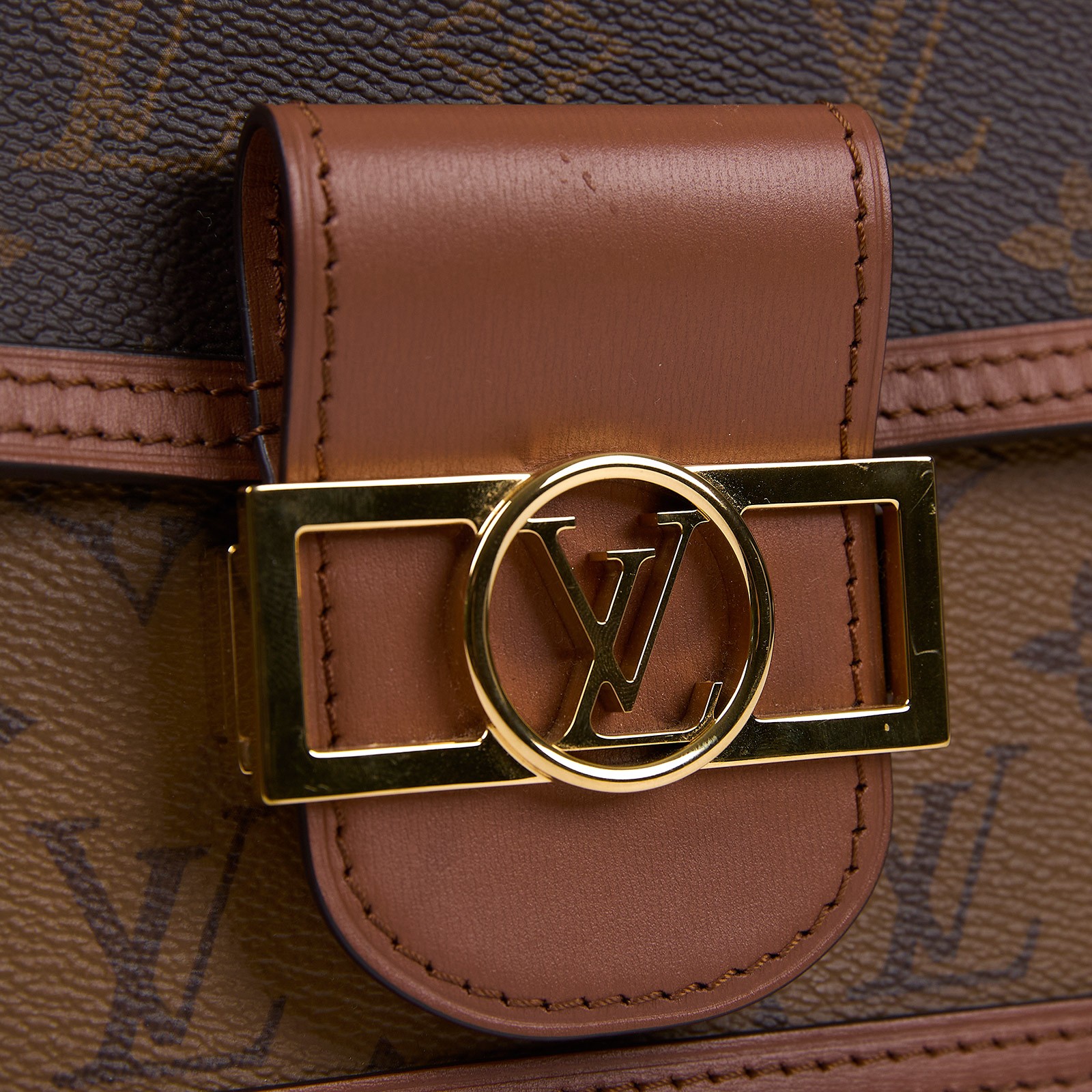 路易威登 LOUIS VUITTON Mini Dauphine 達芙妮 Reverse皮革飾邊 帆布肩背 斜背包 M45959 晶片款  防塵袋/原廠盒子/購買證明正本