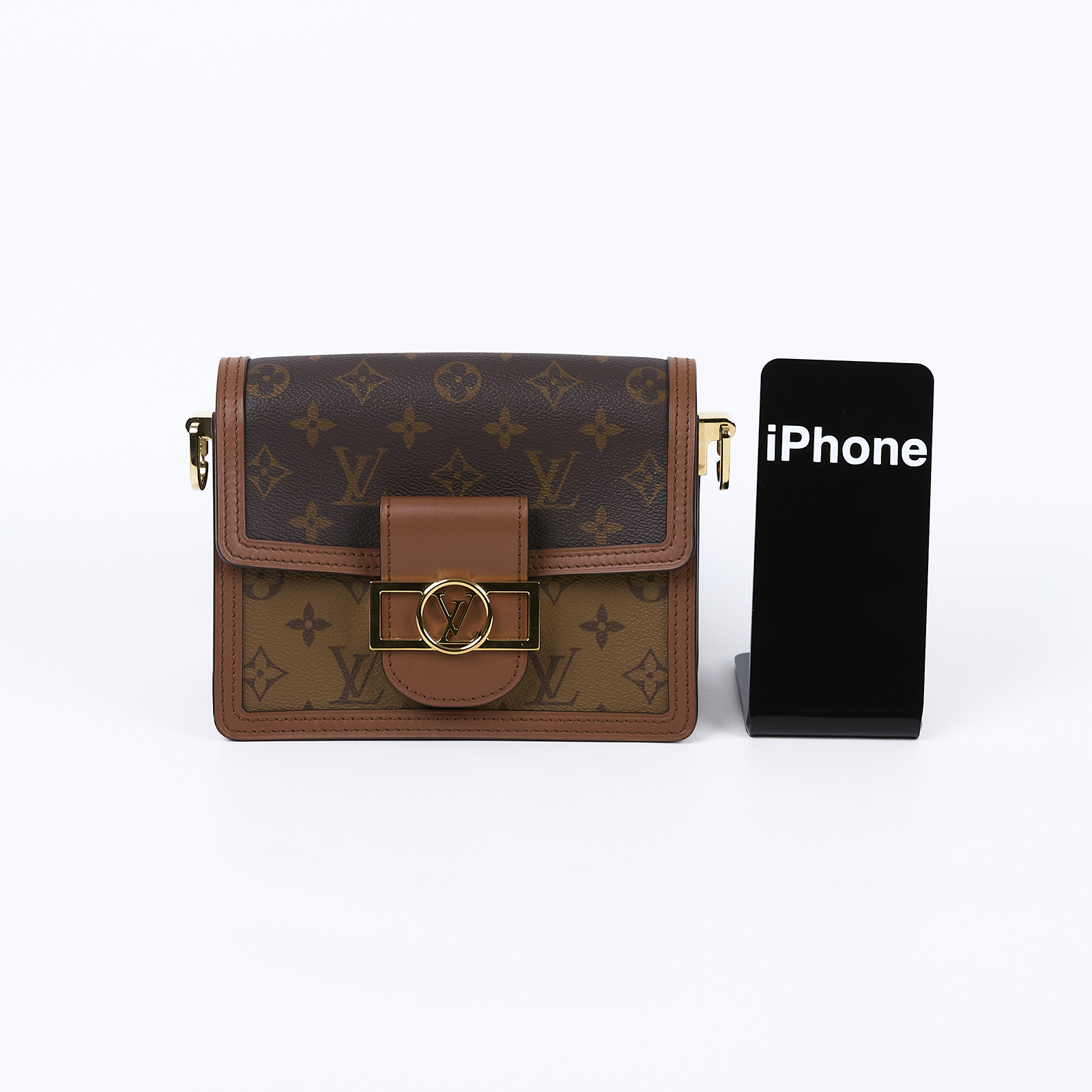 路易威登 LOUIS VUITTON Mini Dauphine 達芙妮 Reverse皮革飾邊 帆布肩背 斜背包 M45959 晶片款  防塵袋/原廠盒子/購買證明正本