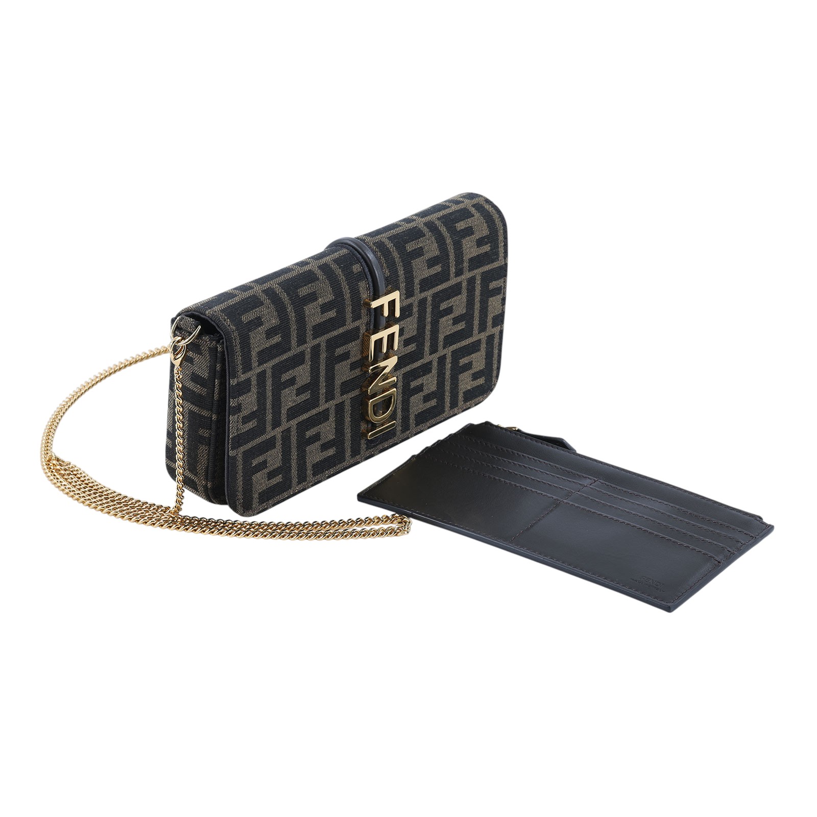 芬迪 FENDI Fendigraphy 鏈袋皮夾 8BS076AD23 棕FF帆布WOC 防塵袋/購買證明正本
