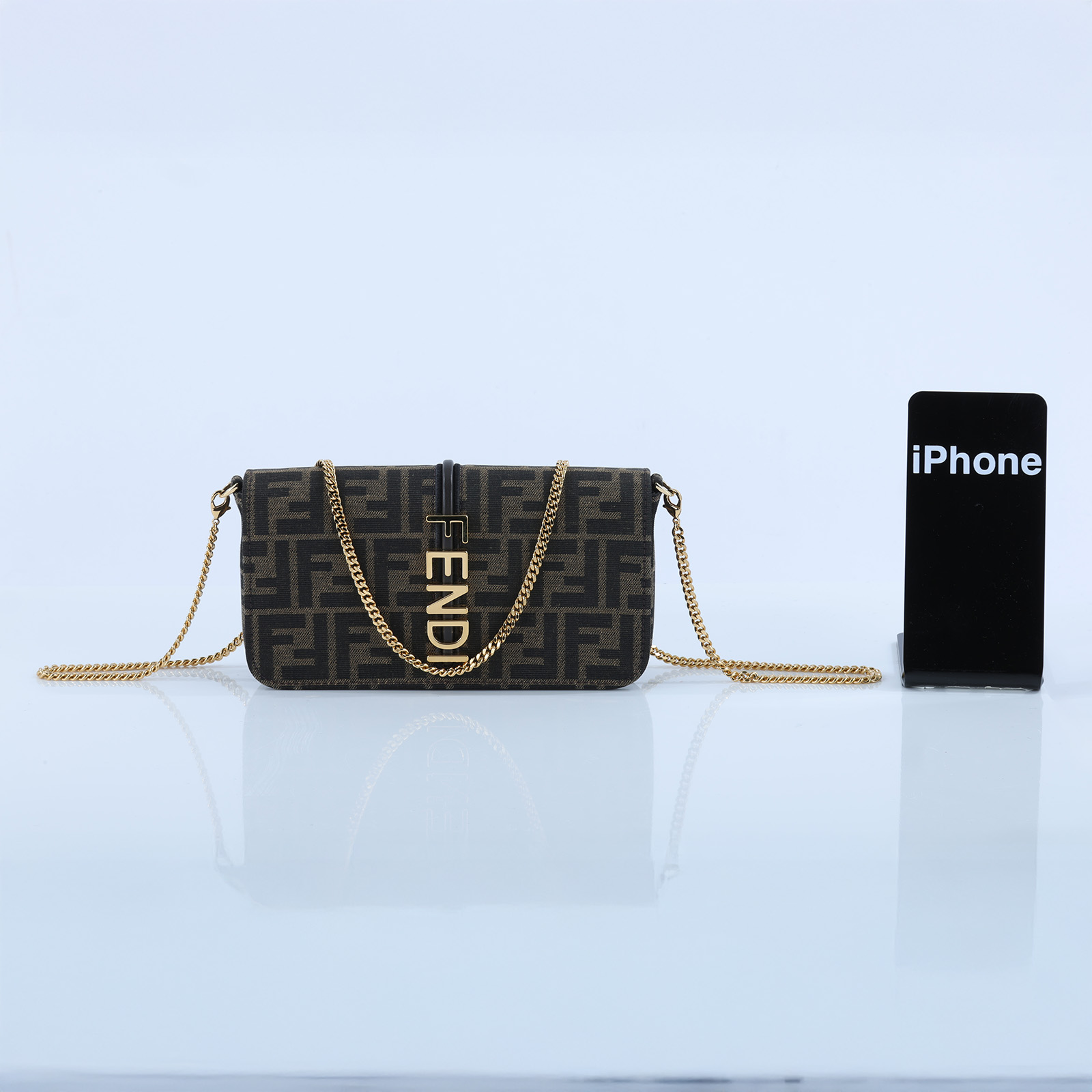 芬迪 FENDI Fendigraphy 鏈袋皮夾 8BS076AD23 棕FF帆布WOC 防塵袋/購買證明正本