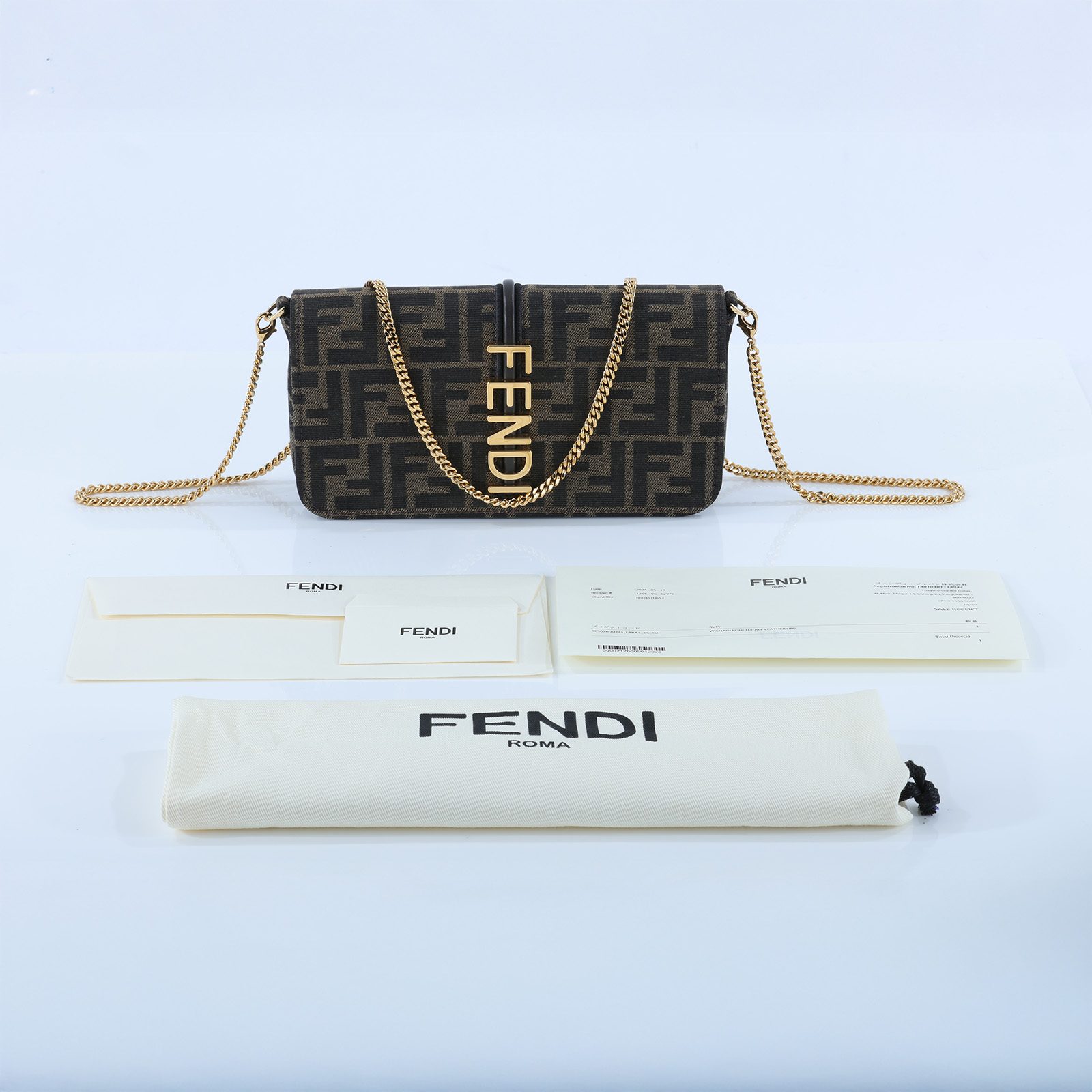 芬迪 FENDI Fendigraphy 鏈袋皮夾 8BS076AD23 棕FF帆布WOC 防塵袋/購買證明正本