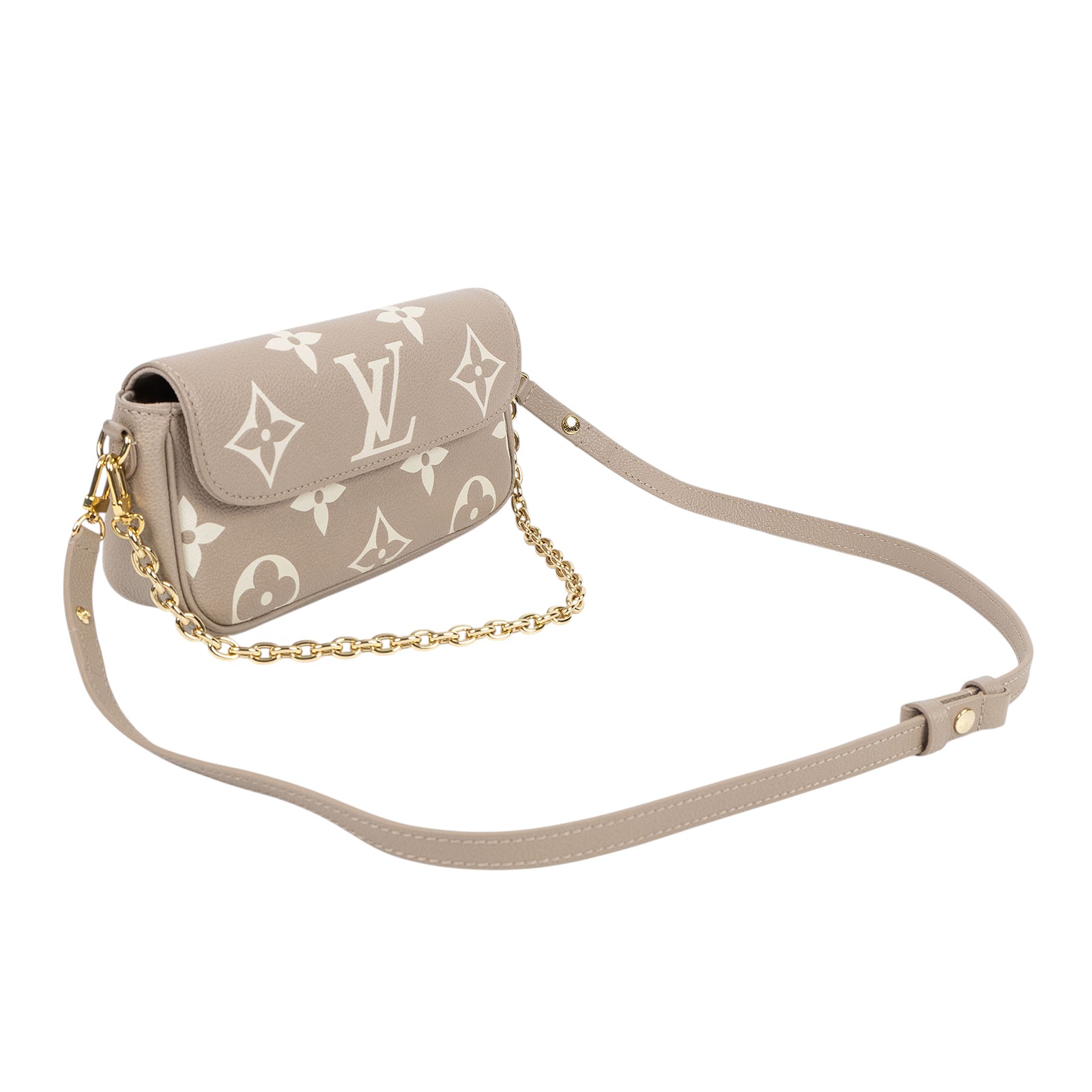 路易威登 LOUIS VUITTON Wallet on Chain Ivy 壓花牛皮 肩背錢包 斑鳩灰色 奶油色 M82211 晶片款  原廠盒子/防塵袋/購買證明正本/背帶2