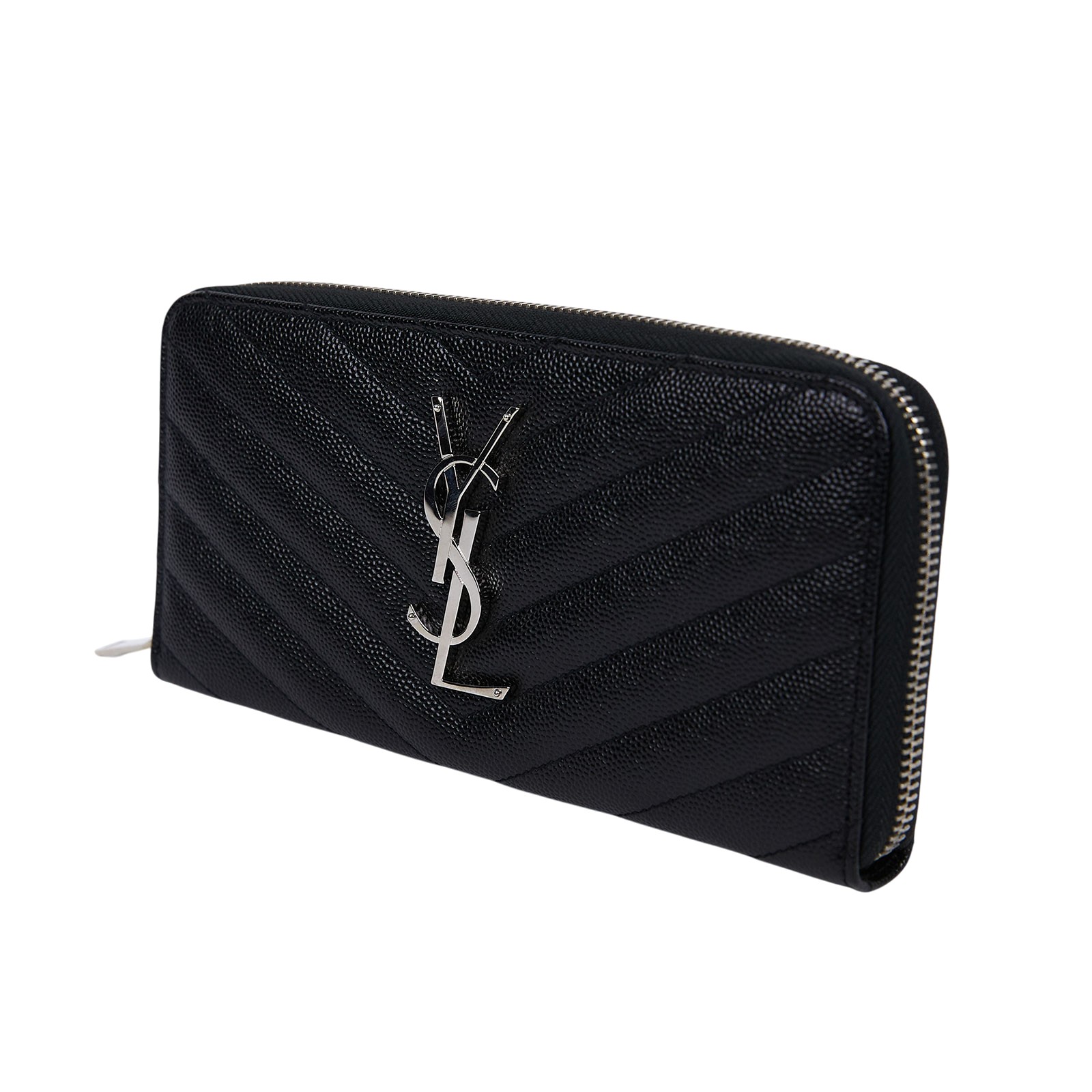 聖羅蘭 YSL SAINT LAURENT 山形紋 錢包 長夾 銀色五金 358094BOW02 黑銀魚子醬拉鍊長夾 原廠盒子/防塵袋