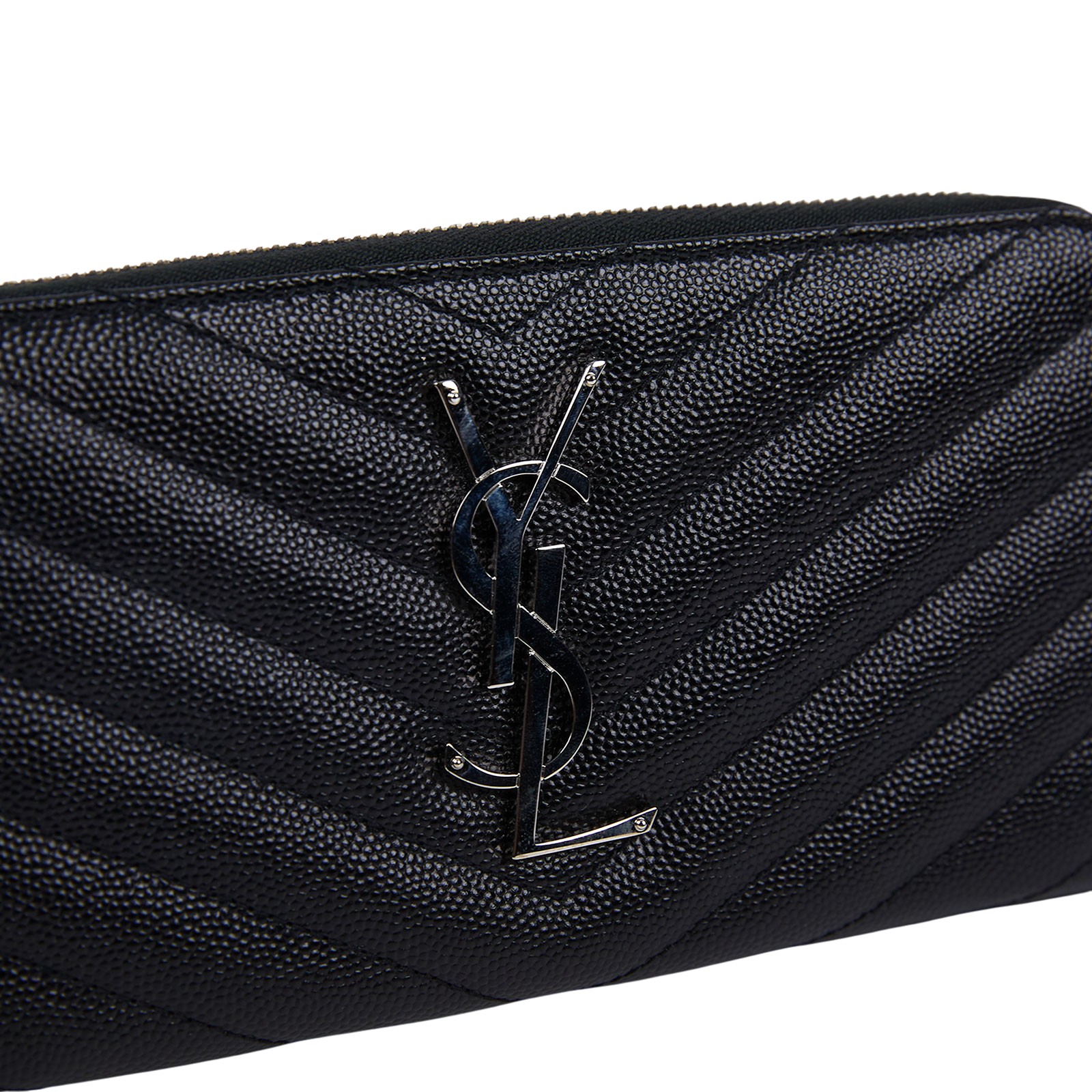 聖羅蘭 YSL SAINT LAURENT 山形紋 錢包 長夾 銀色五金 358094BOW02 黑銀魚子醬拉鍊長夾 原廠盒子/防塵袋