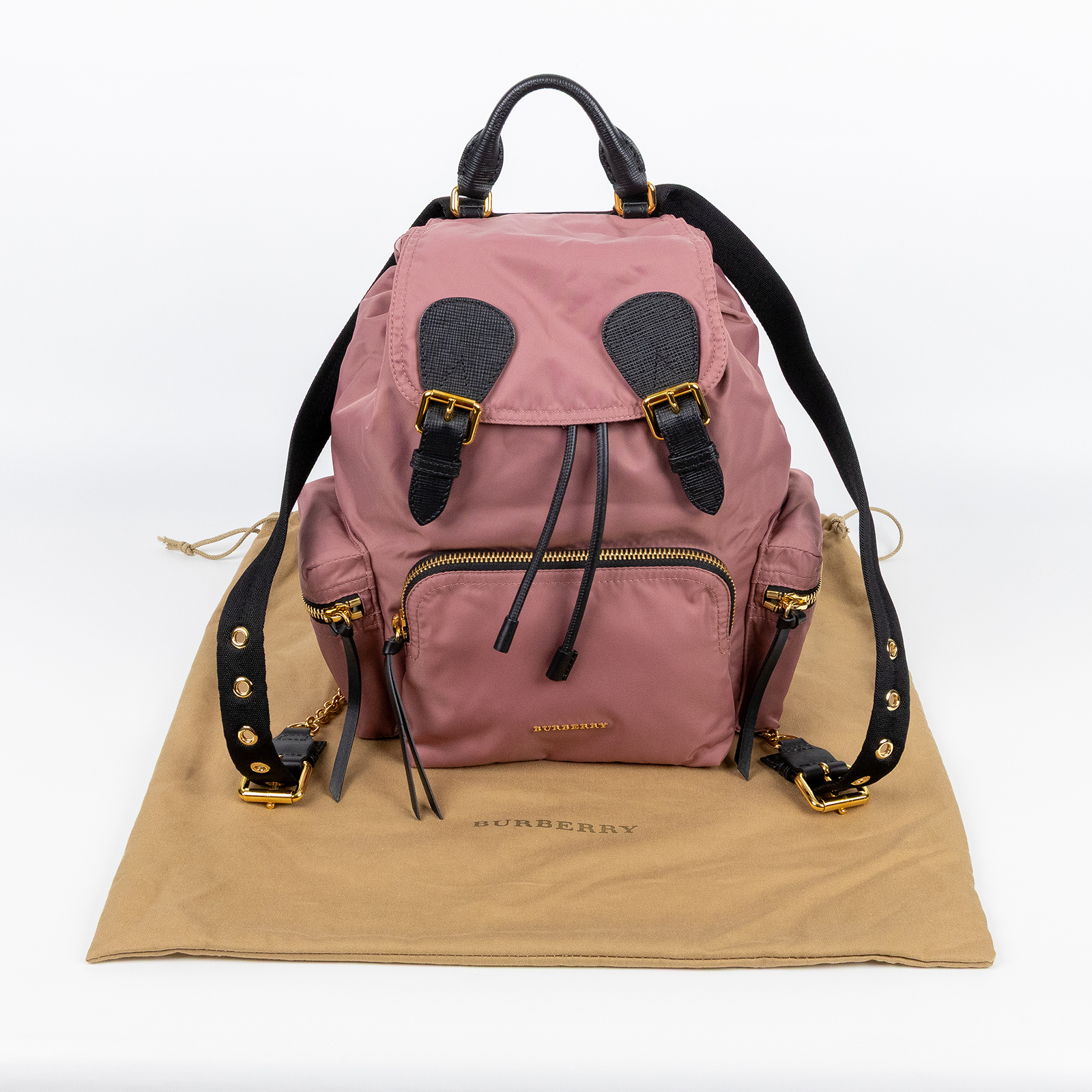 博柏利 BURBERRY The Rucksack 軍用背包  藕粉尼龍後背包 防塵袋