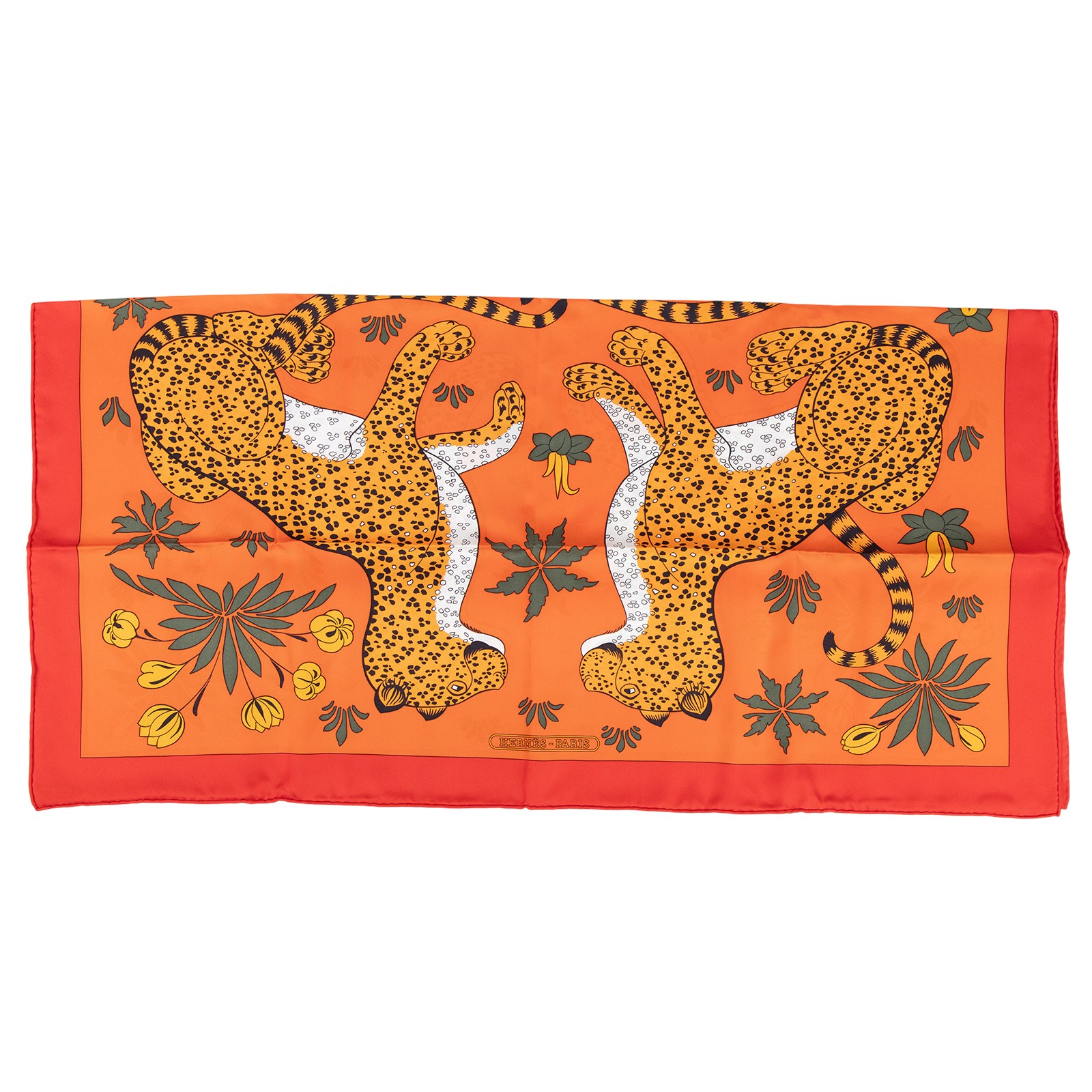 愛馬仕 Hermes Les Leopards Silk Scarf 85 絲巾   橘底花豹8585絲巾 原廠盒子