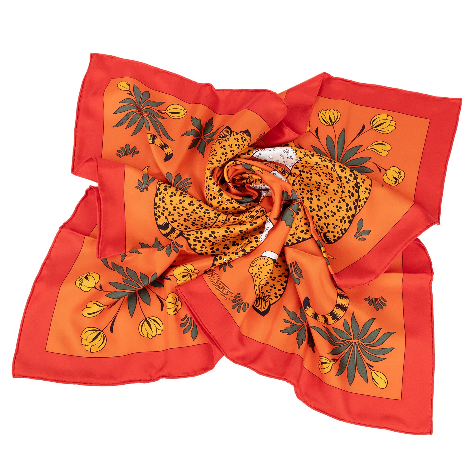 愛馬仕 Hermes Les Leopards Silk Scarf 85 絲巾   橘底花豹8585絲巾 原廠盒子