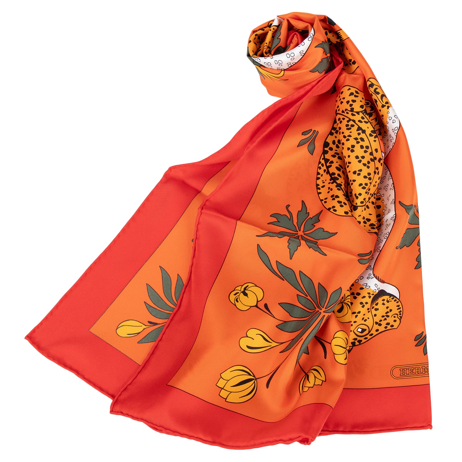 愛馬仕 Hermes Les Leopards Silk Scarf 85 絲巾   橘底花豹8585絲巾 原廠盒子