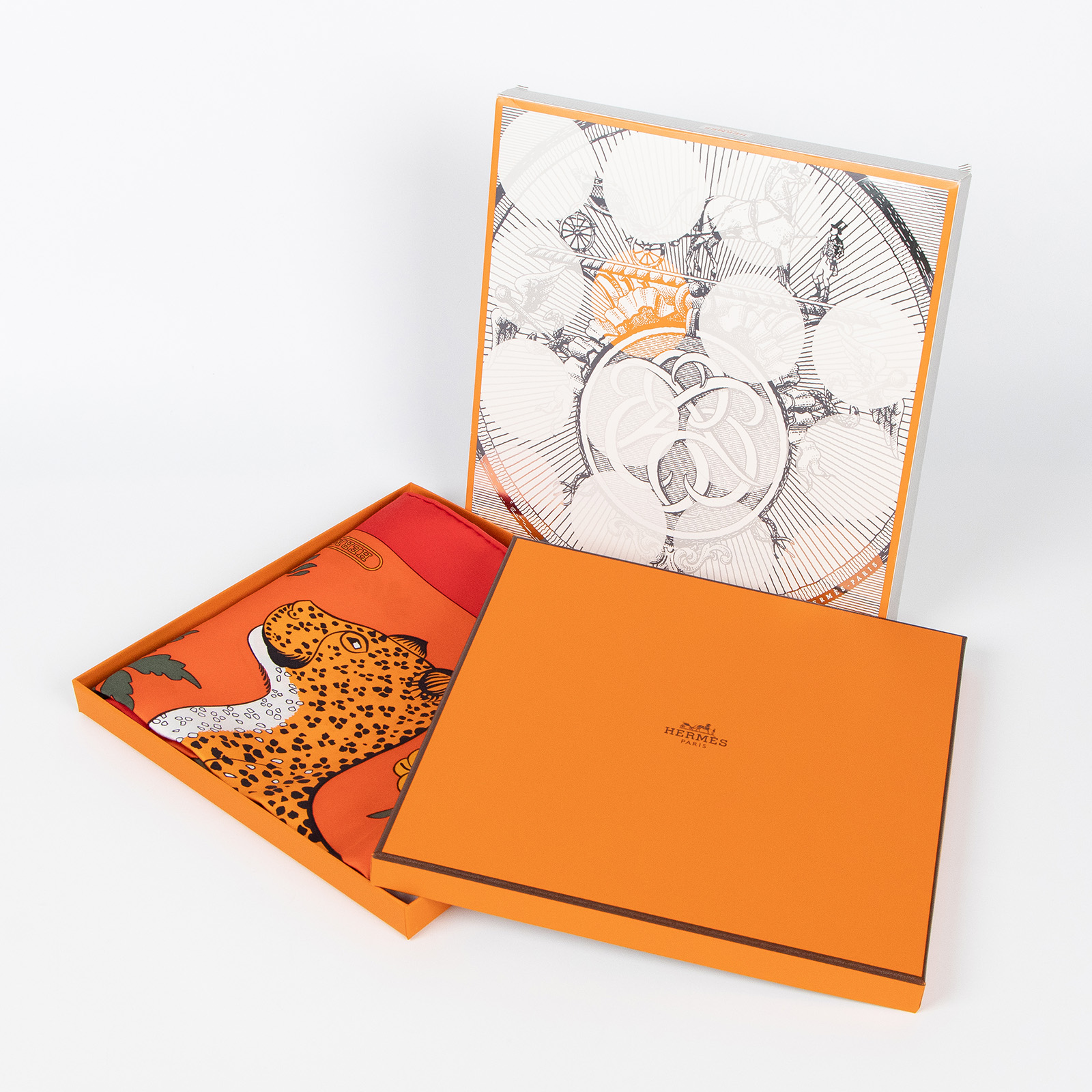 愛馬仕 Hermes Les Leopards Silk Scarf 85 絲巾   橘底花豹8585絲巾 原廠盒子