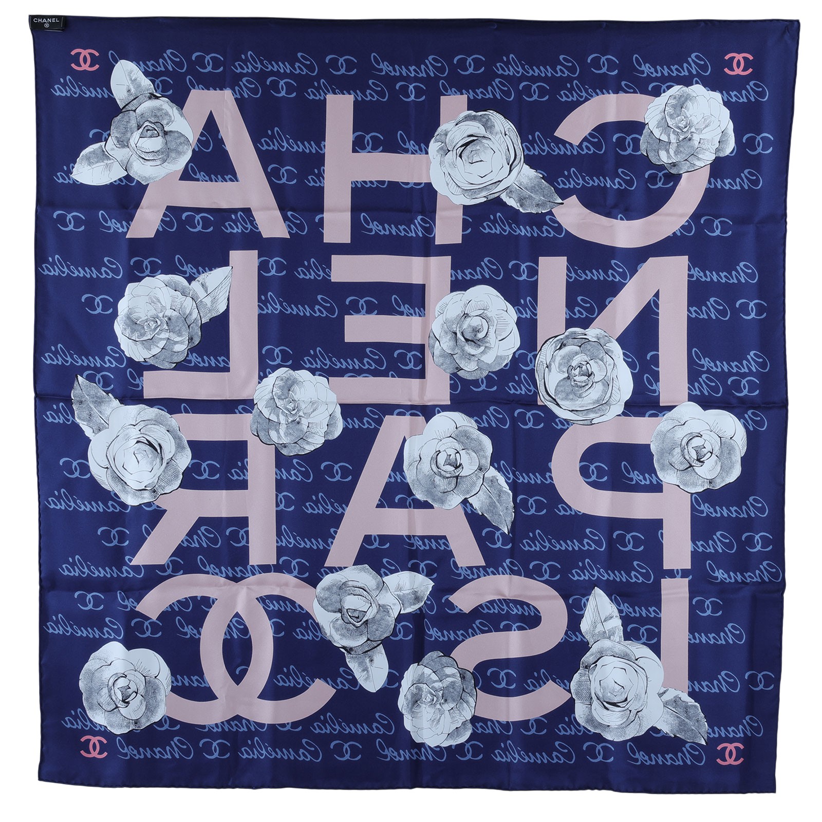 香奈兒 CHANEL LOGO 山茶花 絲巾 藍色 粉色  藍底粉LOGO山茶花絲巾9090 原廠盒子