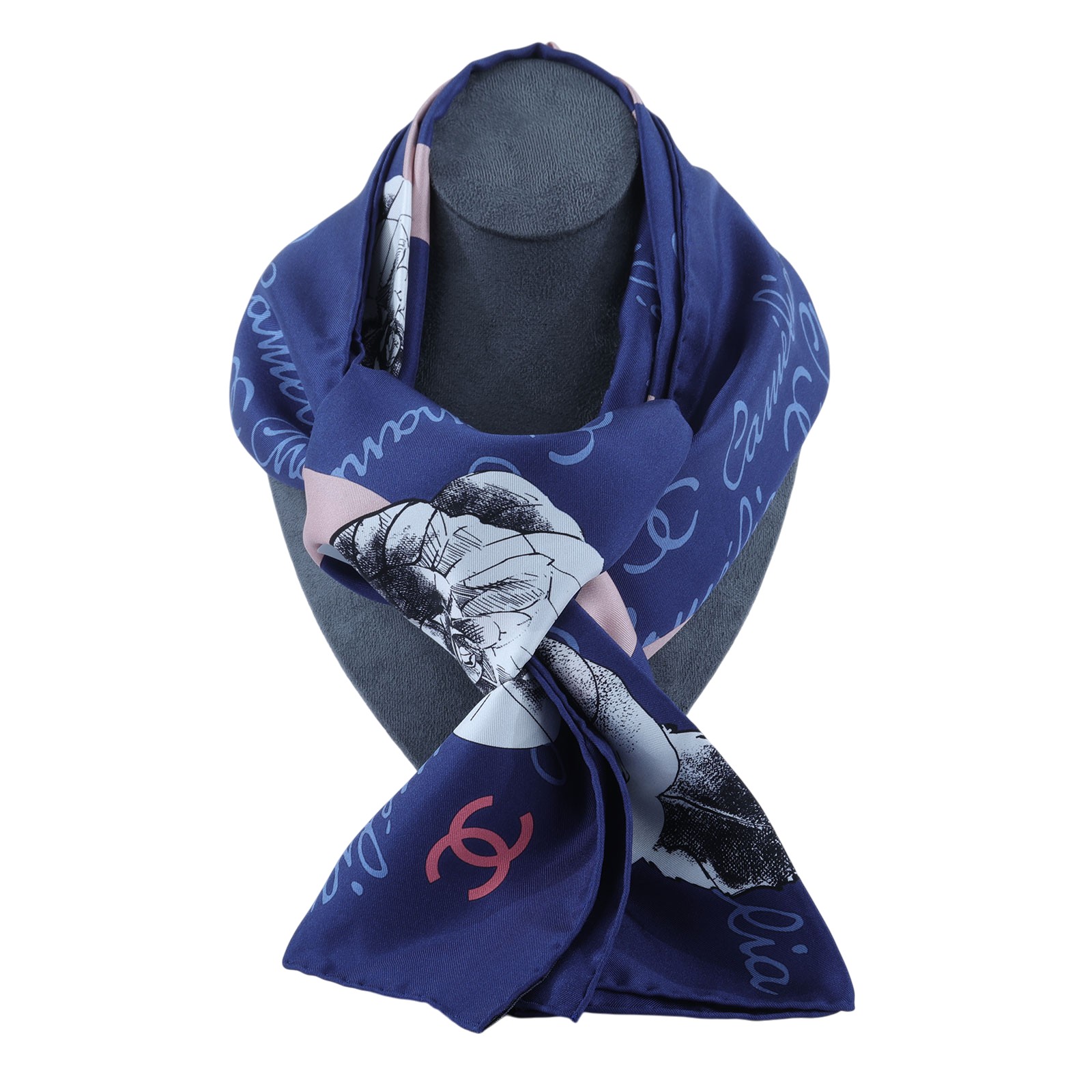 香奈兒 CHANEL LOGO 山茶花 絲巾 藍色 粉色  藍底粉LOGO山茶花絲巾9090 原廠盒子