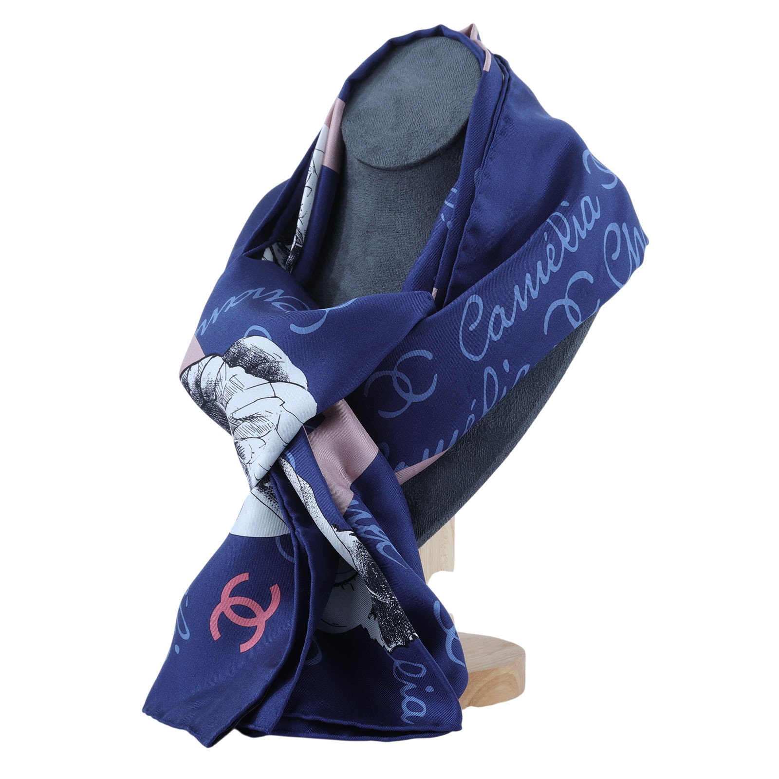 香奈兒 CHANEL LOGO 山茶花 絲巾 藍色 粉色  藍底粉LOGO山茶花絲巾9090 原廠盒子