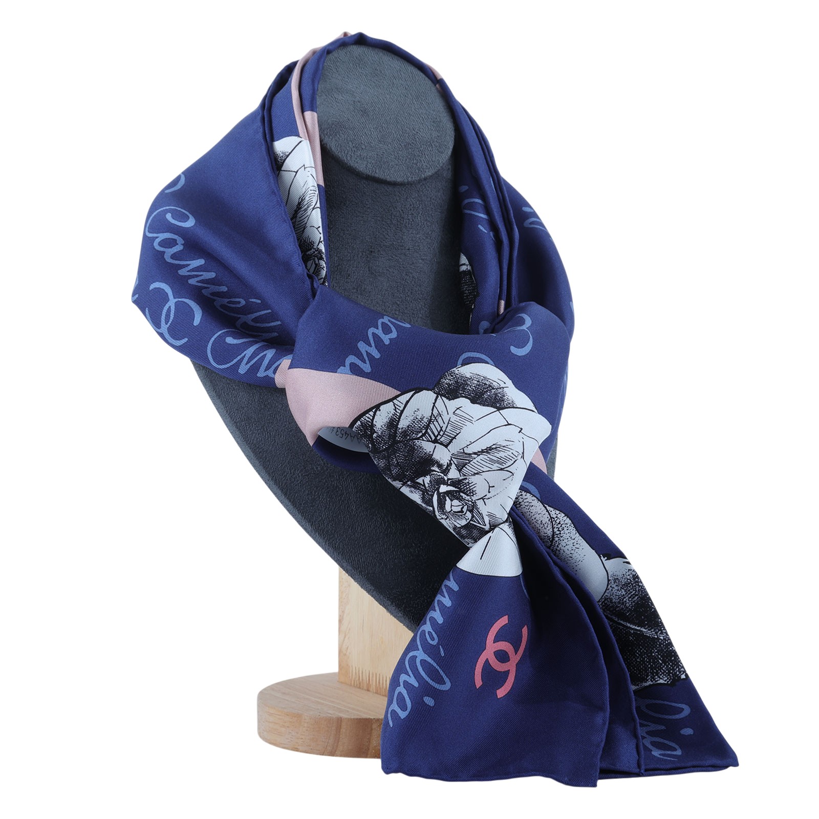 香奈兒 CHANEL LOGO 山茶花 絲巾 藍色 粉色  藍底粉LOGO山茶花絲巾9090 原廠盒子