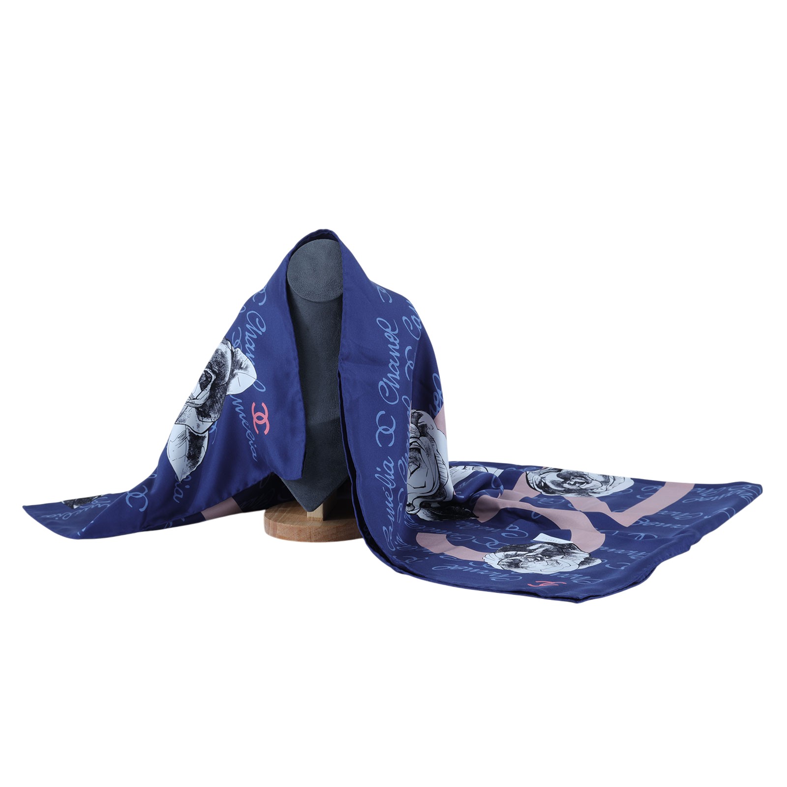 香奈兒 CHANEL LOGO 山茶花 絲巾 藍色 粉色  藍底粉LOGO山茶花絲巾9090 原廠盒子