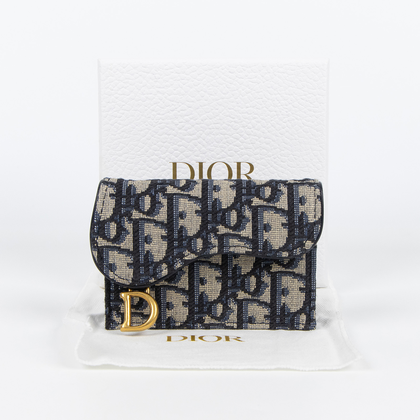 迪奧 CHRISTIAN DIOR Saddle 翻蓋卡片套 卡夾 緹花 S5611CTZQ 藍OBLIQUE SADDLE卡包 原廠盒子/防塵袋