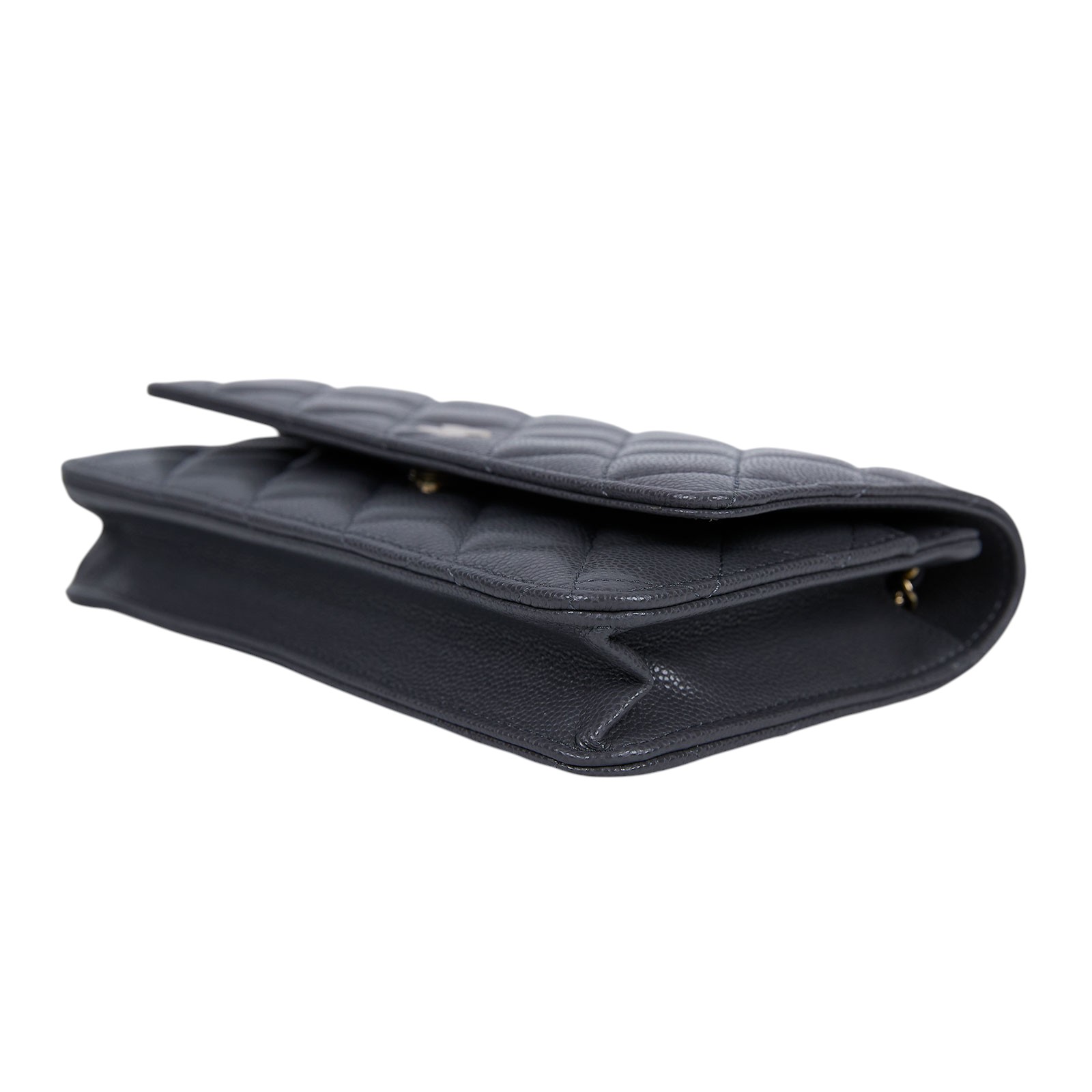 香奈兒 CHANEL 經典鏈子皮夾 菱格紋 CC LOGO AP0250 晶片款 灰淡金荔枝WOC 原廠盒子/防塵袋