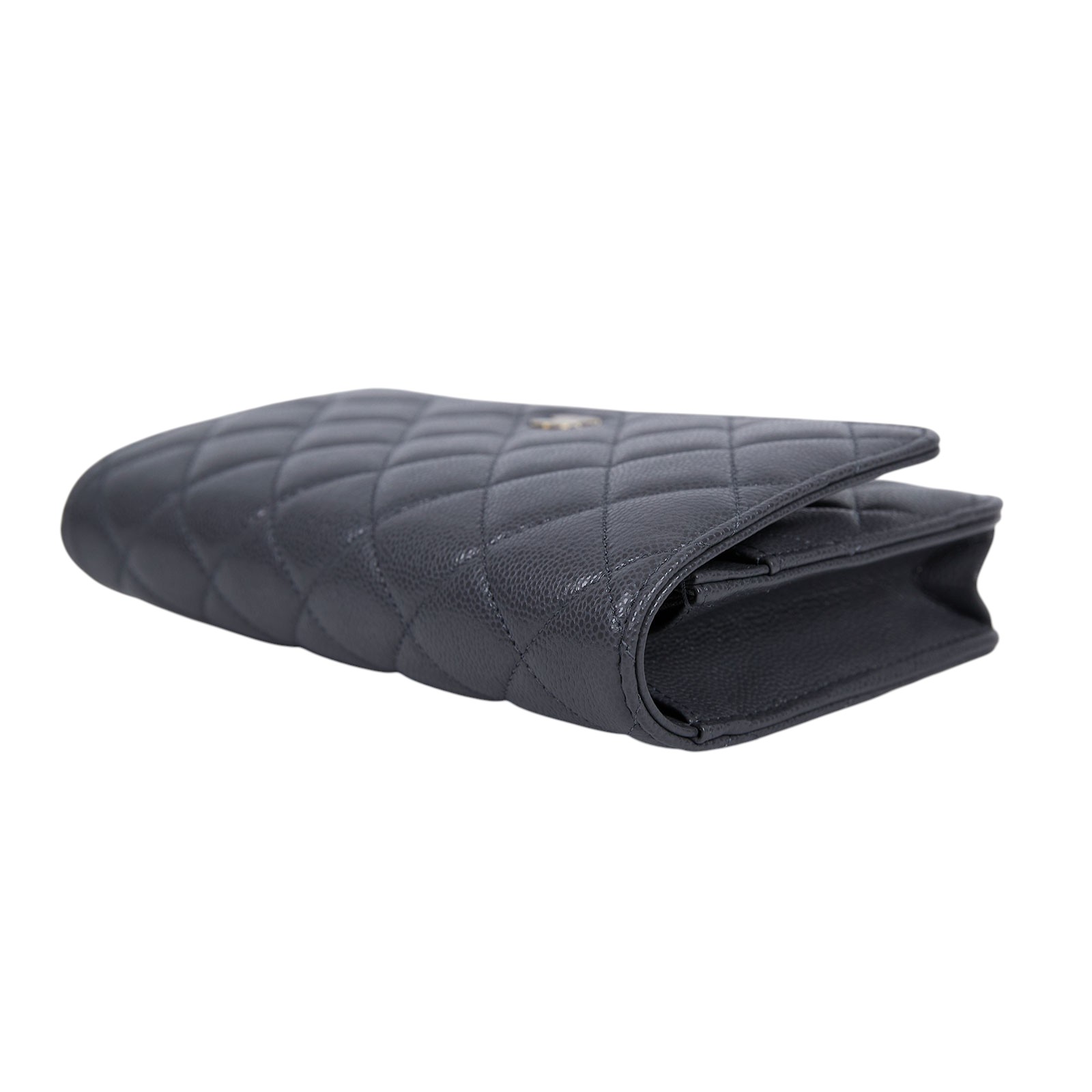 香奈兒 CHANEL 經典鏈子皮夾 菱格紋 CC LOGO AP0250 晶片款 灰淡金荔枝WOC 原廠盒子/防塵袋