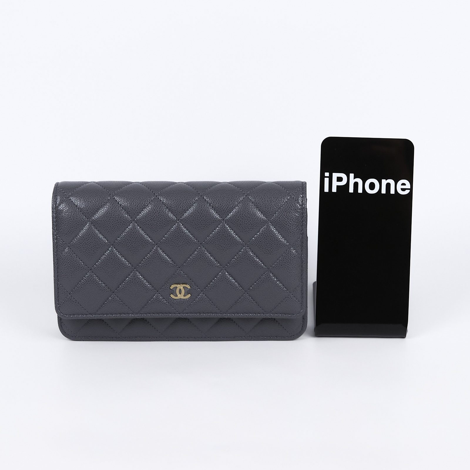 香奈兒 CHANEL 經典鏈子皮夾 菱格紋 CC LOGO AP0250 晶片款 灰淡金荔枝WOC 原廠盒子/防塵袋