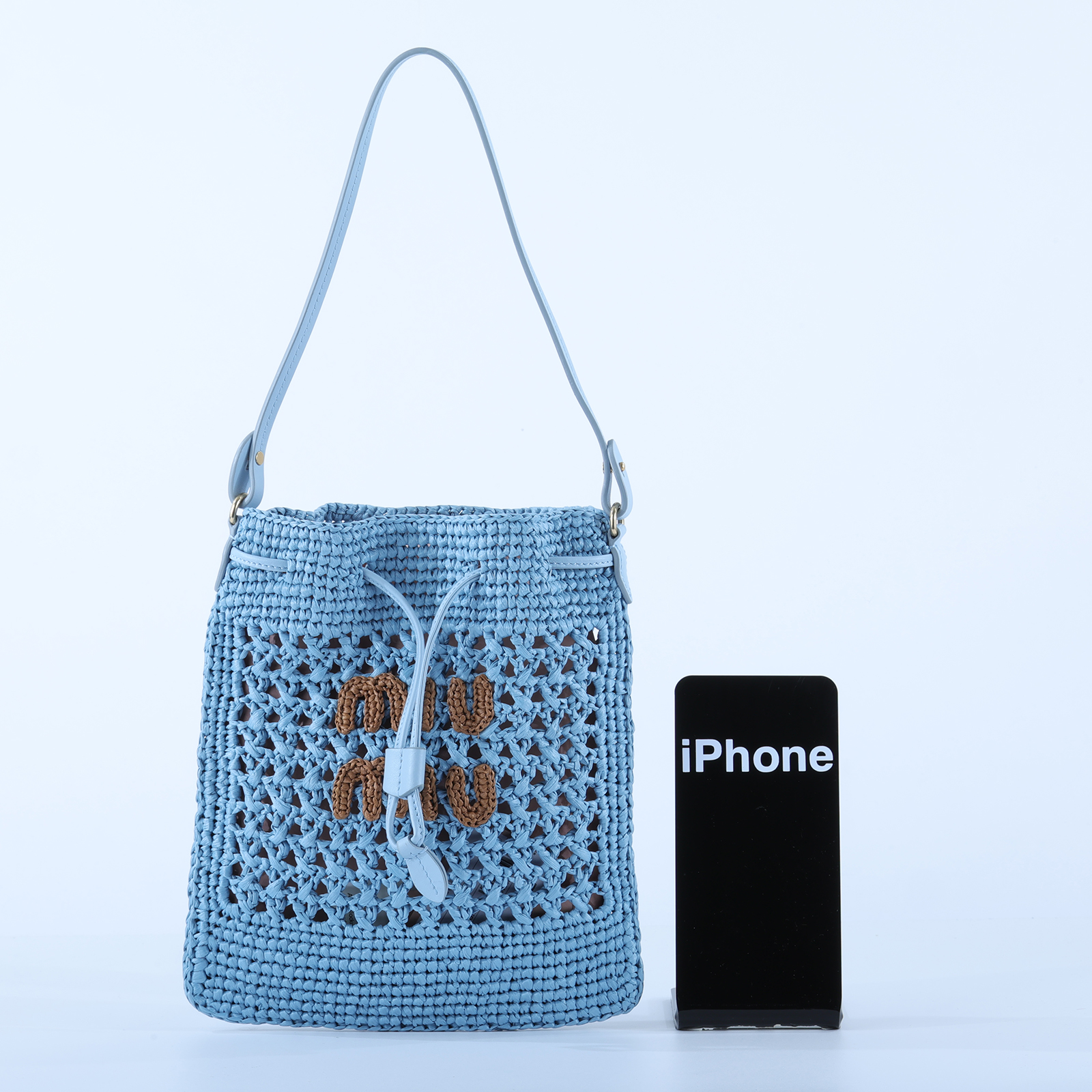 繆繆 MIU MIU 編織迷你包 5ND016_2DO1 藍底咖LOGO編織手提包 防塵袋