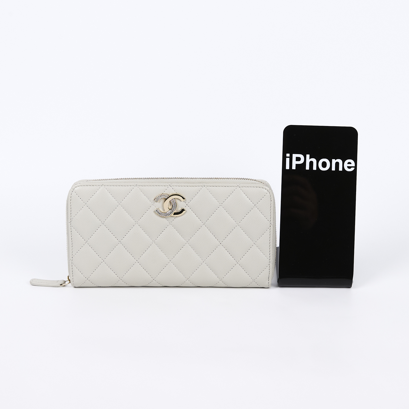 香奈兒 CHANEL CC LOGO 經典拉鍊長夾 粒紋小牛皮 AP0242 晶片款 灰荔枝拉鍊長夾 原廠盒子/防塵袋