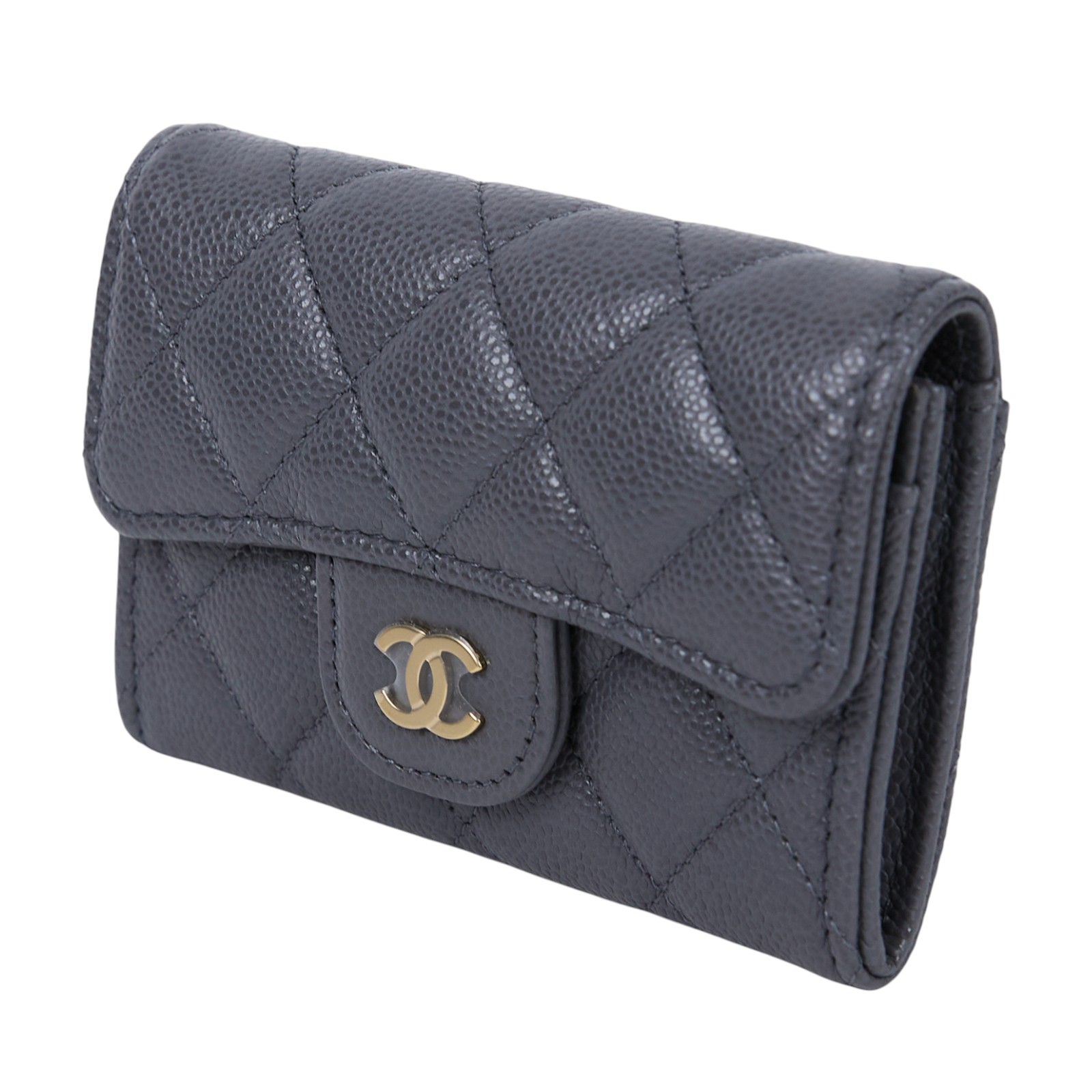 香奈兒 CHANEL 經典口蓋卡片夾 AP0214 深灰淡金荔枝卡包 原廠盒子/防塵袋