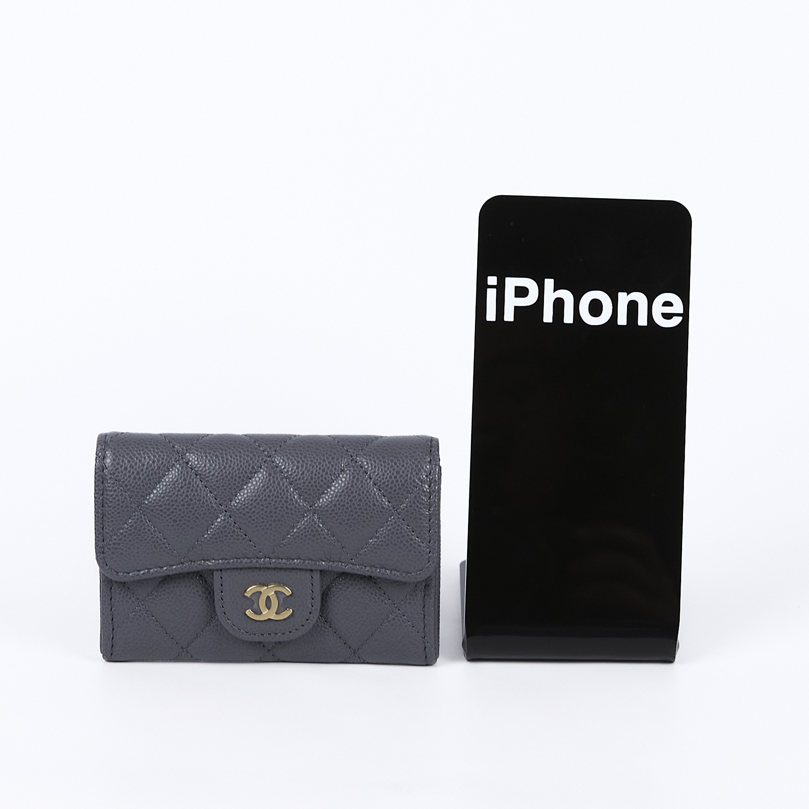 香奈兒 CHANEL 經典口蓋卡片夾 AP0214 深灰淡金荔枝卡包 原廠盒子/防塵袋