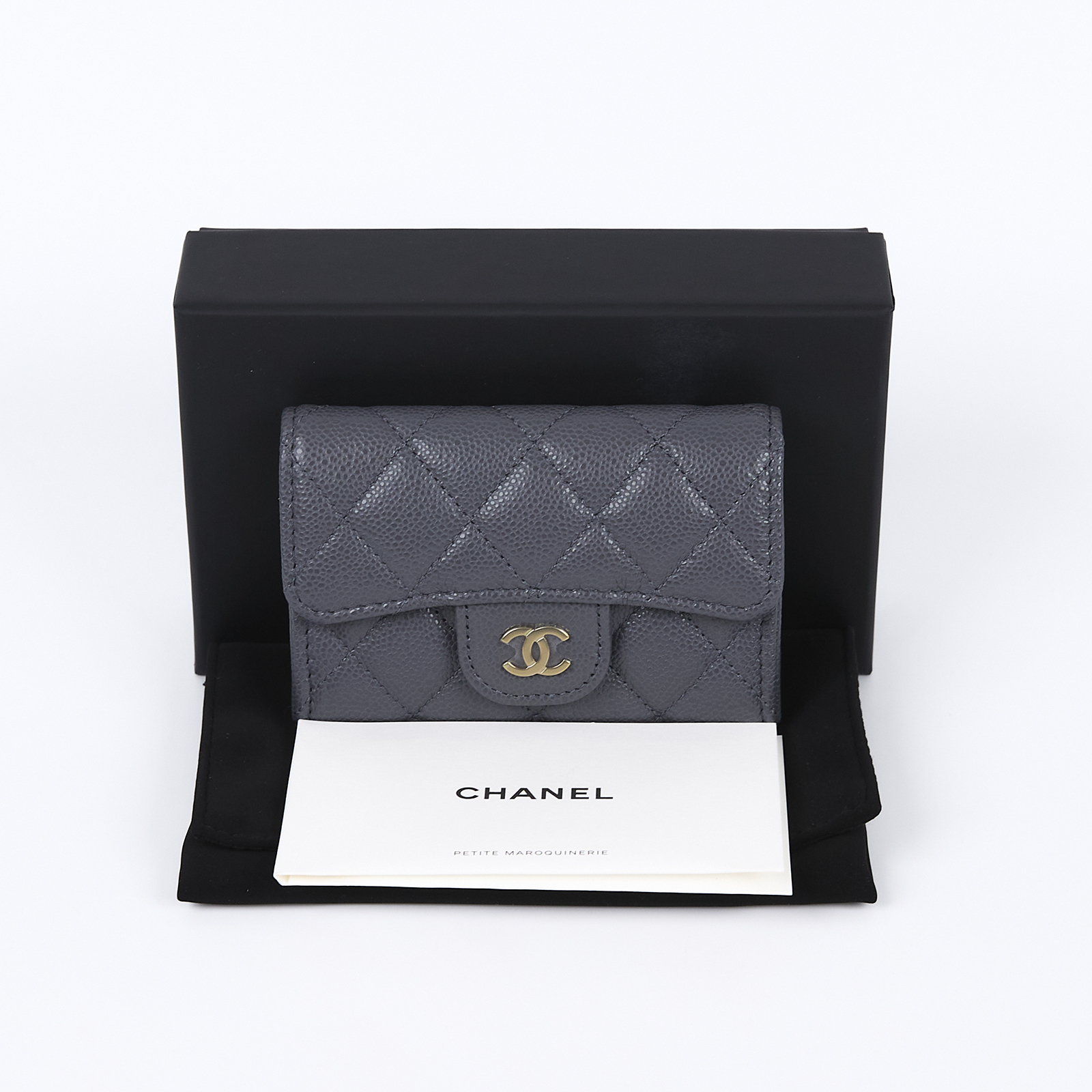 香奈兒 CHANEL 經典口蓋卡片夾 AP0214 深灰淡金荔枝卡包 原廠盒子/防塵袋