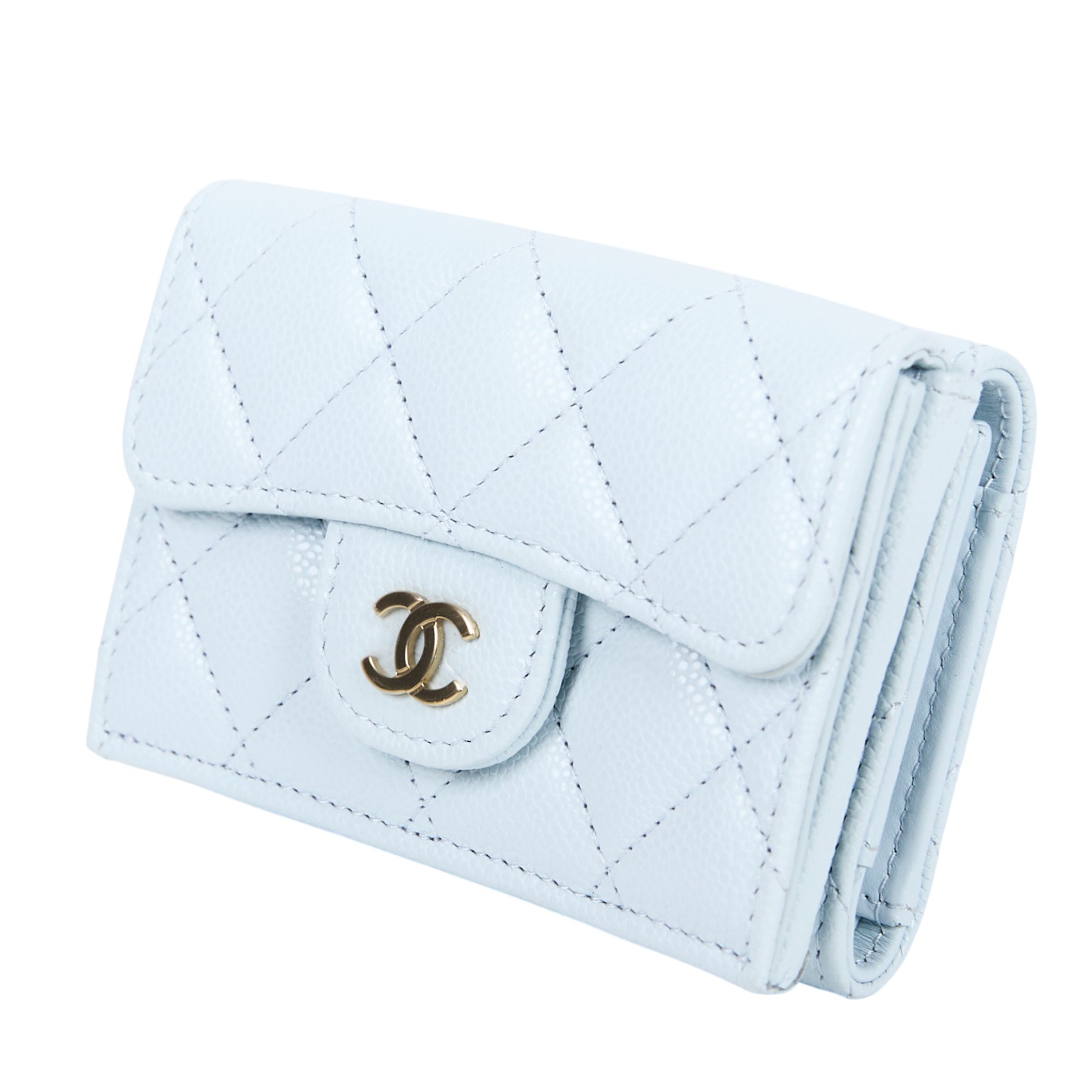香奈兒 CHANEL 錢包 短夾 AP0230 B10583 晶片款 淺藍金荔枝三折短夾 原廠盒子/防塵袋/購買證明正本