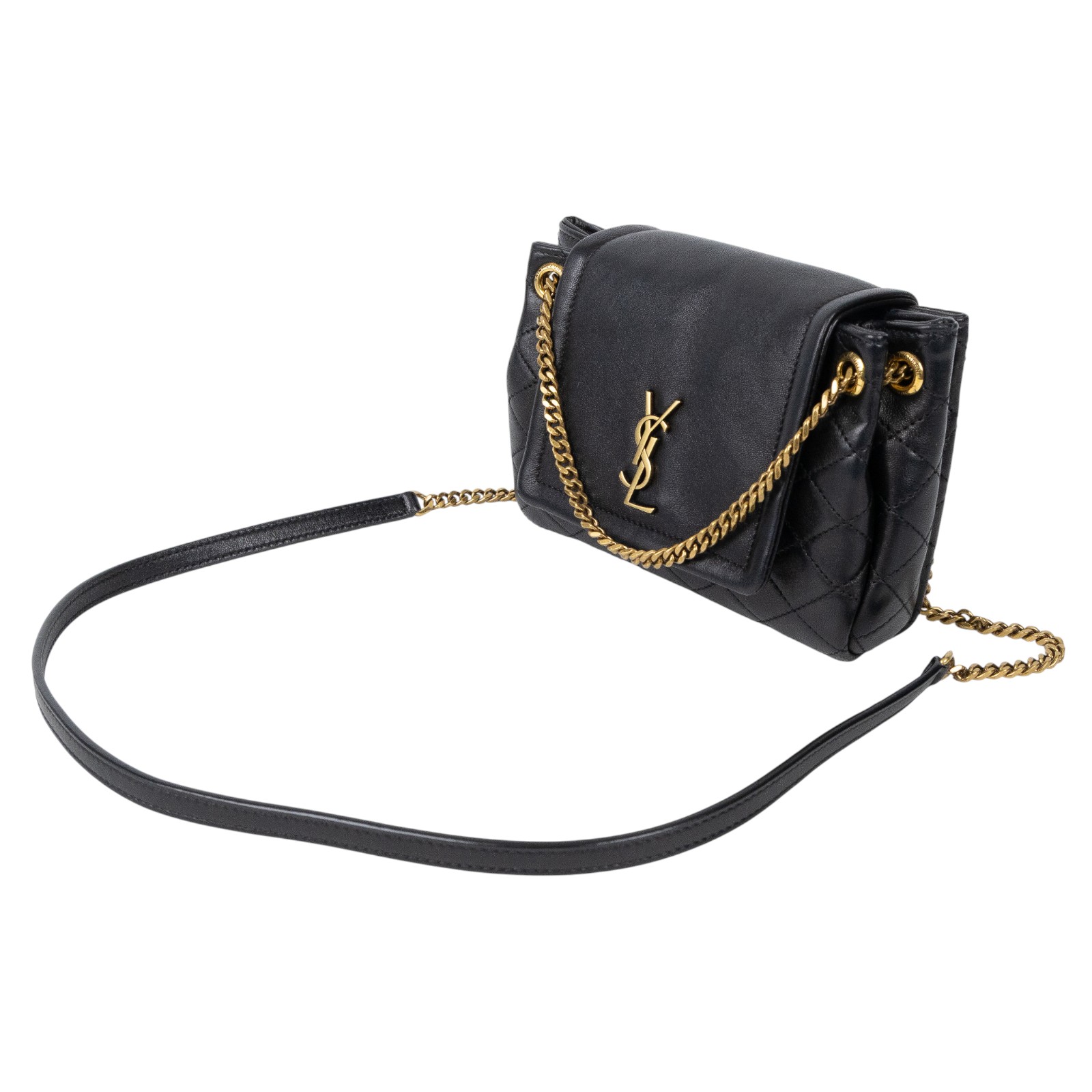 聖羅蘭 YSL SAINT LAURENT Nolia 小羊皮 迷你 手袋 肩背包 金色五金 6727381EL07 黑NOLITA MINI 原廠盒子/防塵袋