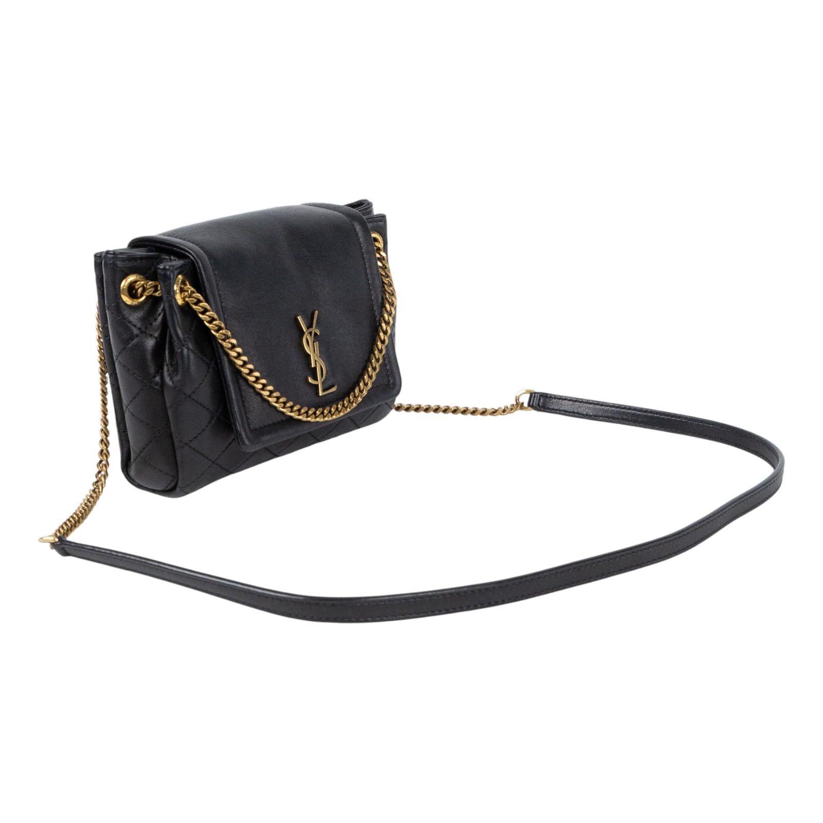 聖羅蘭 YSL SAINT LAURENT Nolia 小羊皮 迷你 手袋 肩背包 金色五金 6727381EL07 黑NOLITA MINI 原廠盒子/防塵袋