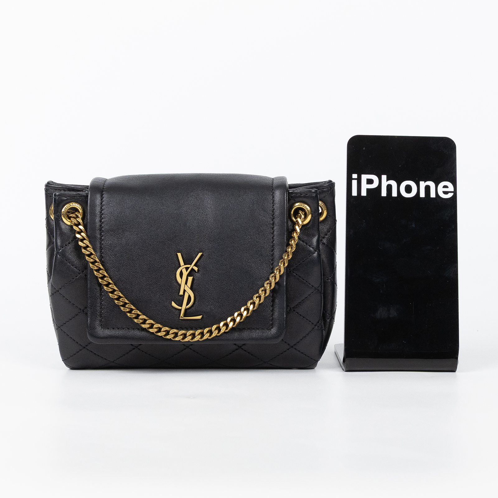 聖羅蘭 YSL SAINT LAURENT Nolia 小羊皮 迷你 手袋 肩背包 金色五金 6727381EL07 黑NOLITA MINI 原廠盒子/防塵袋