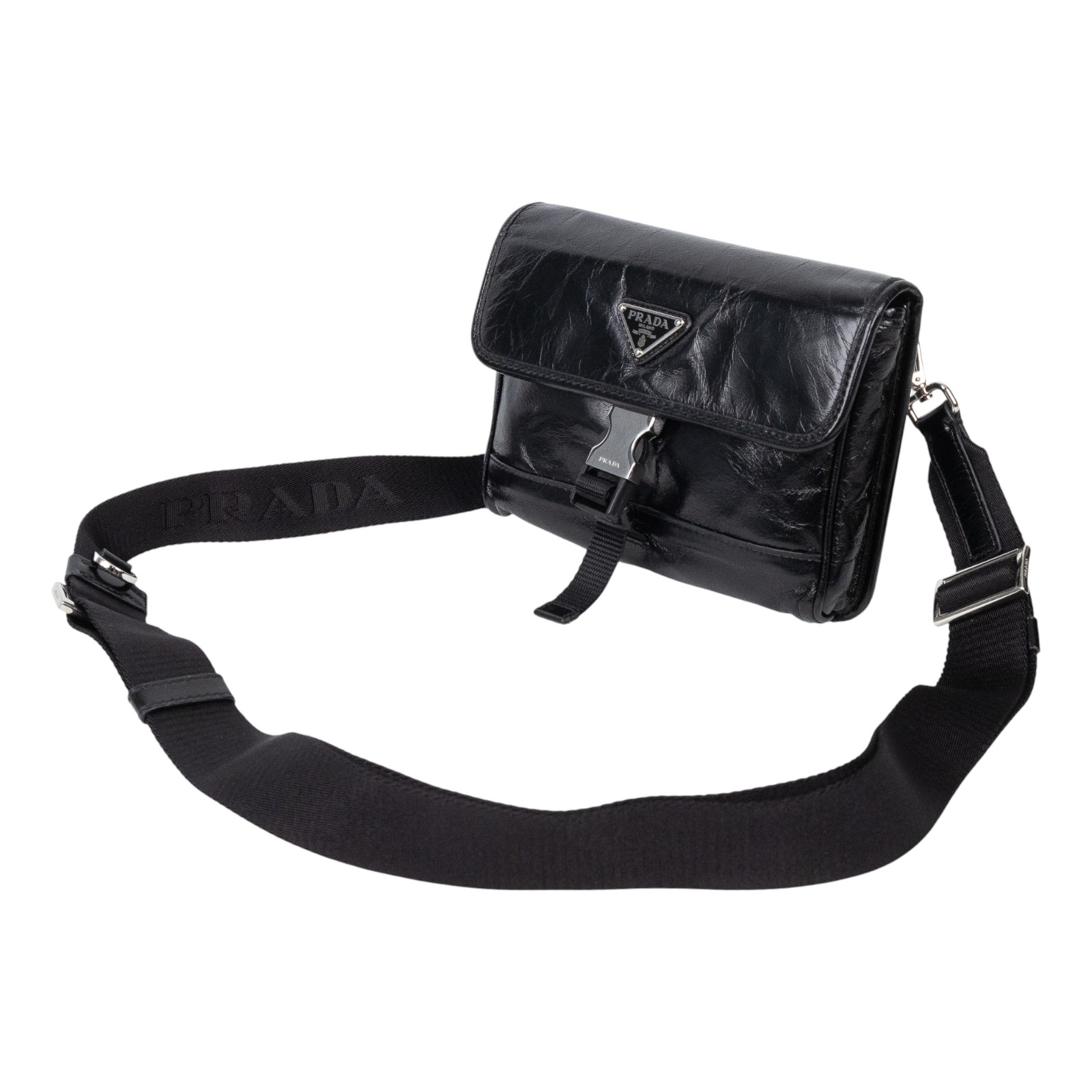 普拉達 PRADA 皮革智能手機套 2ZH108_2CX7 黑油蠟皮斜背包 原廠盒子/購買證明正本