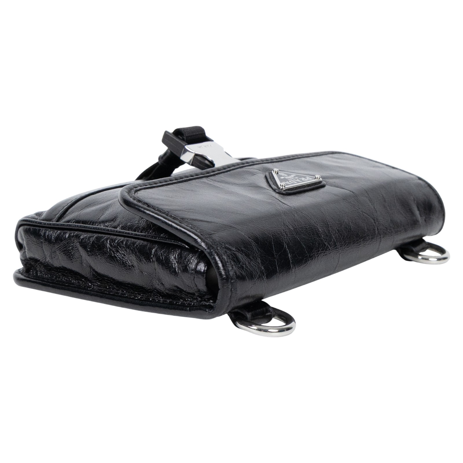 普拉達 PRADA 皮革智能手機套 2ZH108_2CX7 黑油蠟皮斜背包 原廠盒子/購買證明正本