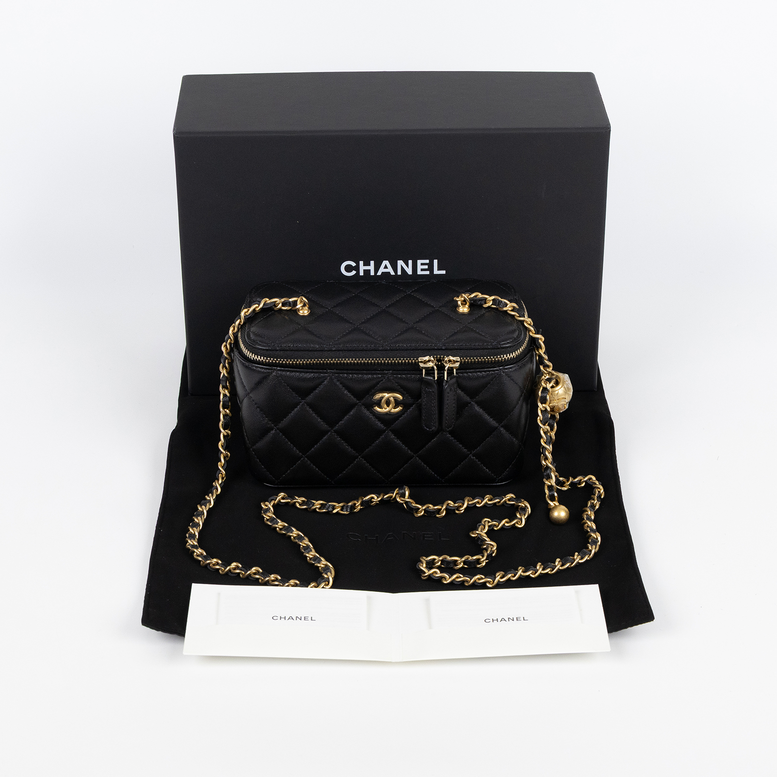 香奈兒 CHANEL 鏈子小包 化妝箱 AP2303 晶片款 黑金羊金球長盒 原廠盒子/防塵袋