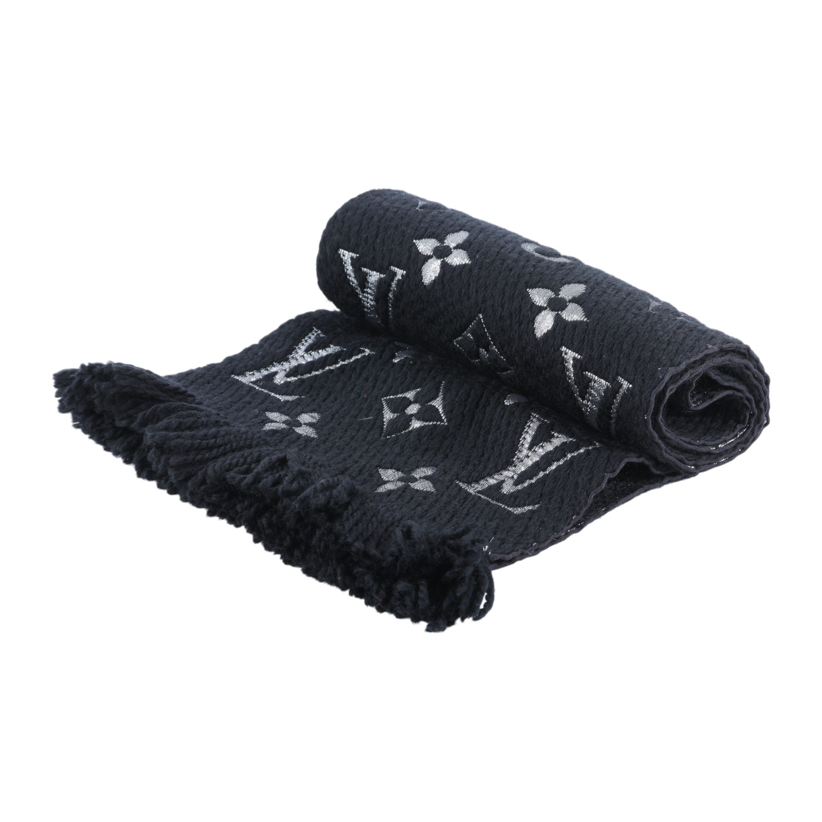 路易威登 LOUIS VUITTON Monogram 老花 圍巾 M75833 黑拚銀紗羊毛針織圍巾 無附屬品