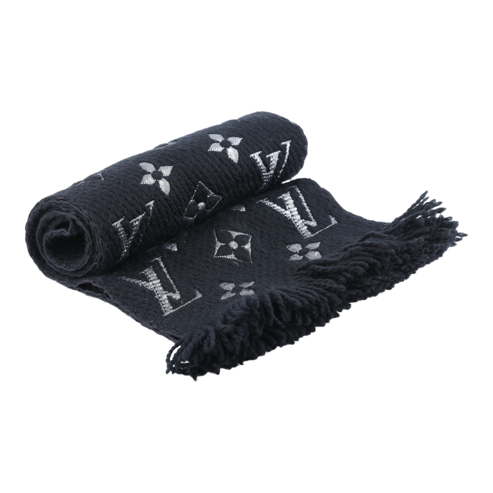 路易威登 LOUIS VUITTON Monogram 老花 圍巾 M75833 黑拚銀紗羊毛針織圍巾 無附屬品
