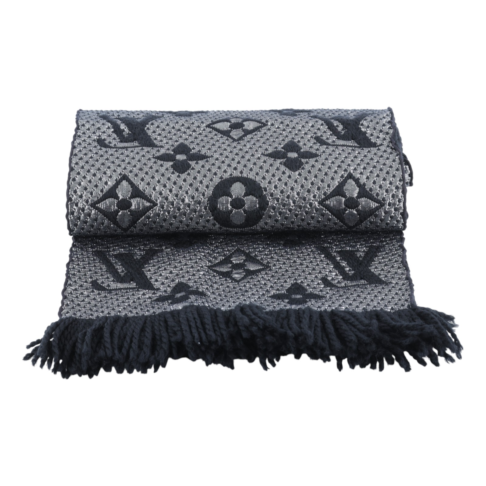 路易威登 LOUIS VUITTON Monogram 老花 圍巾 M75833 黑拚銀紗羊毛針織圍巾 無附屬品
