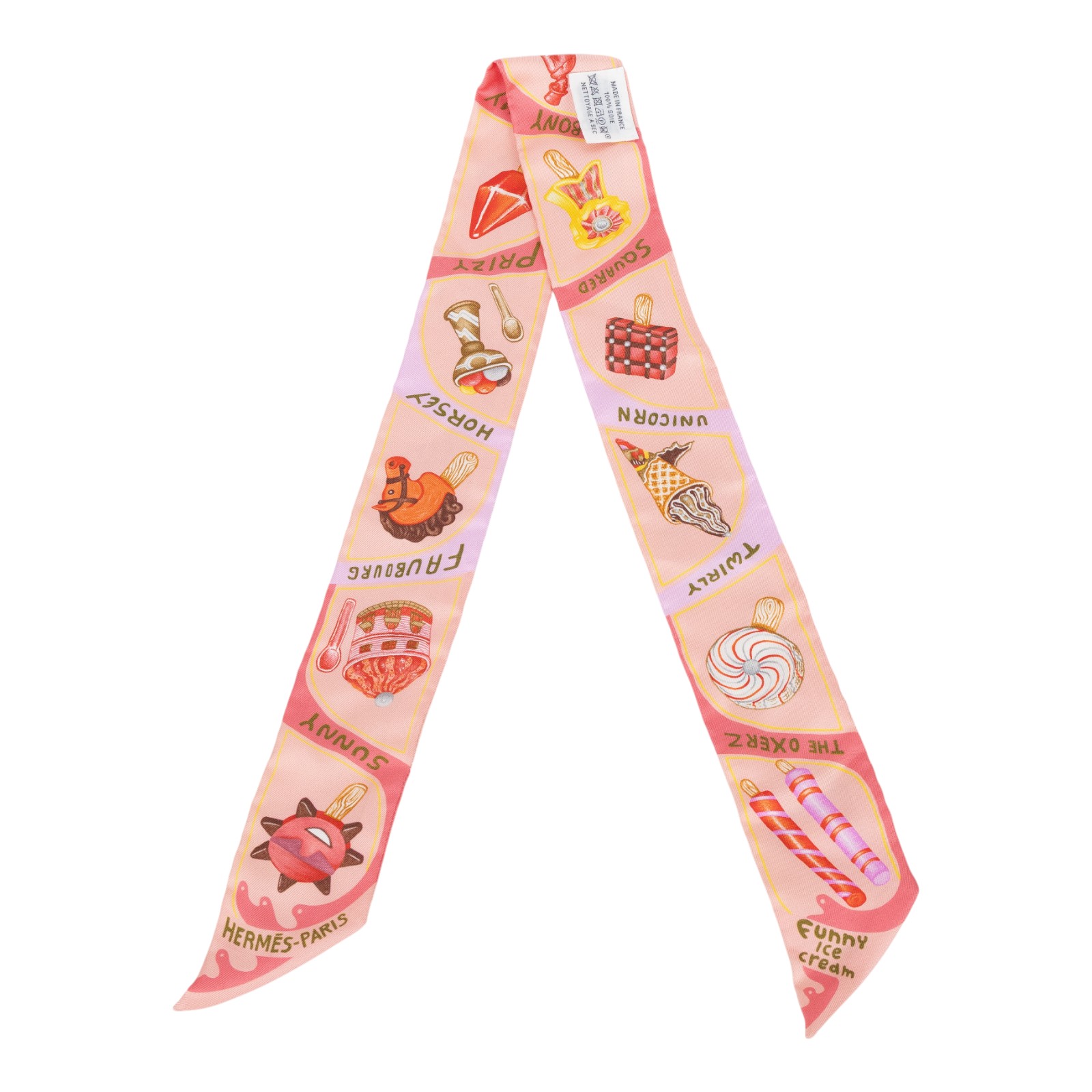 愛馬仕 Hermes Funny Ice Cream Twilly 絲巾 粉色 珊瑚色 小雞黃色 H064109Sv04   原廠盒子/購買證明正本