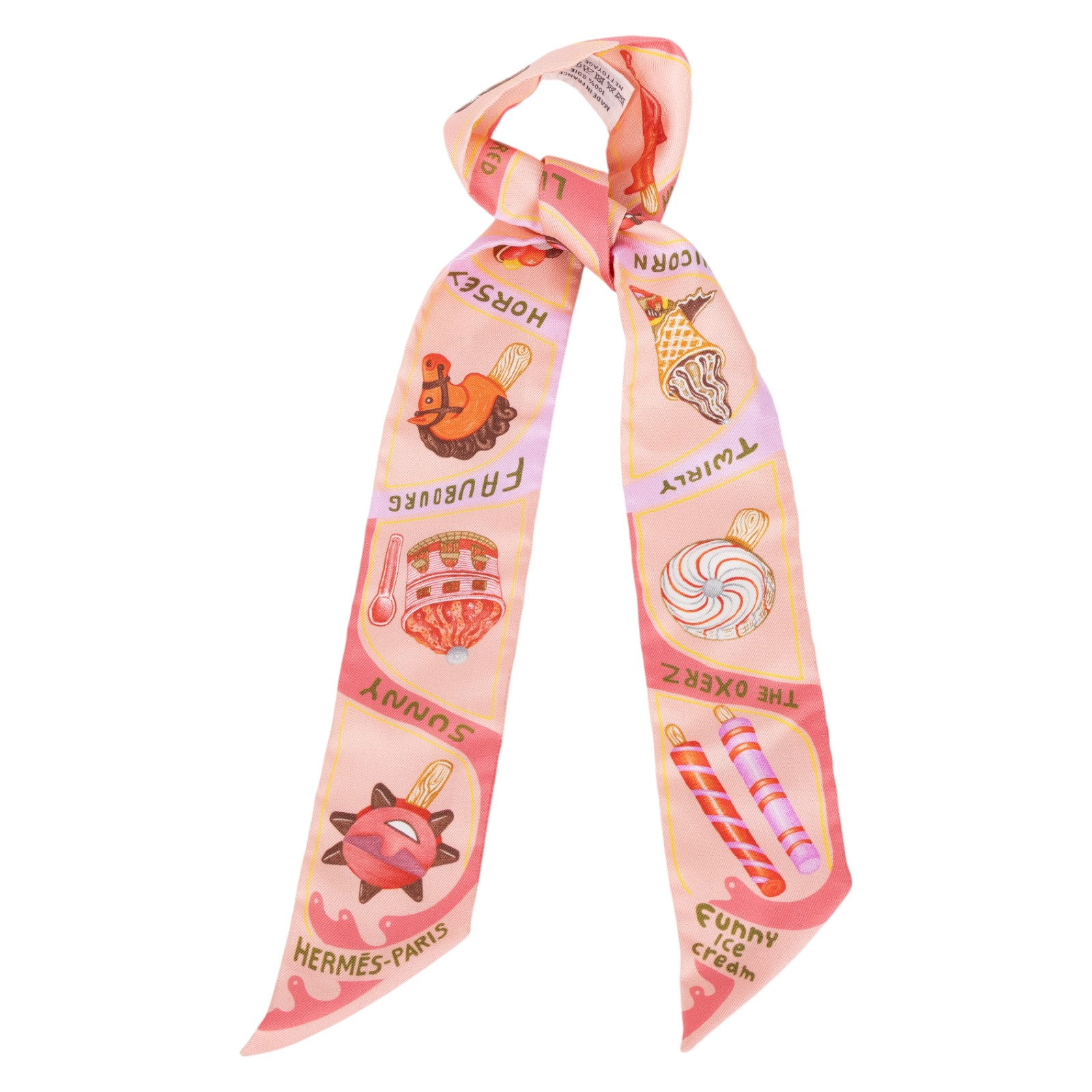 愛馬仕 Hermes Funny Ice Cream Twilly 絲巾 粉色 珊瑚色 小雞黃色 H064109Sv04   原廠盒子/購買證明正本