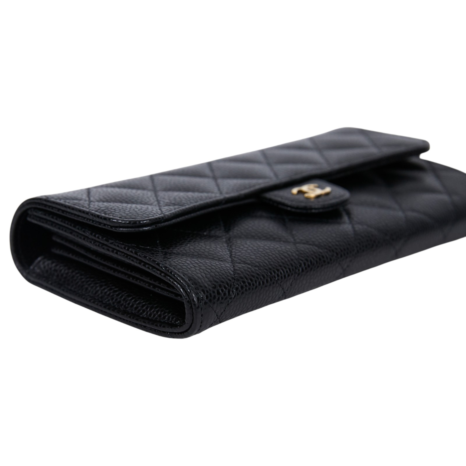 香奈兒 CHANEL 荔枝皮 扣式 翻蓋 二折長夾 AP0241 晶片款 黑金荔枝長夾 無附屬品