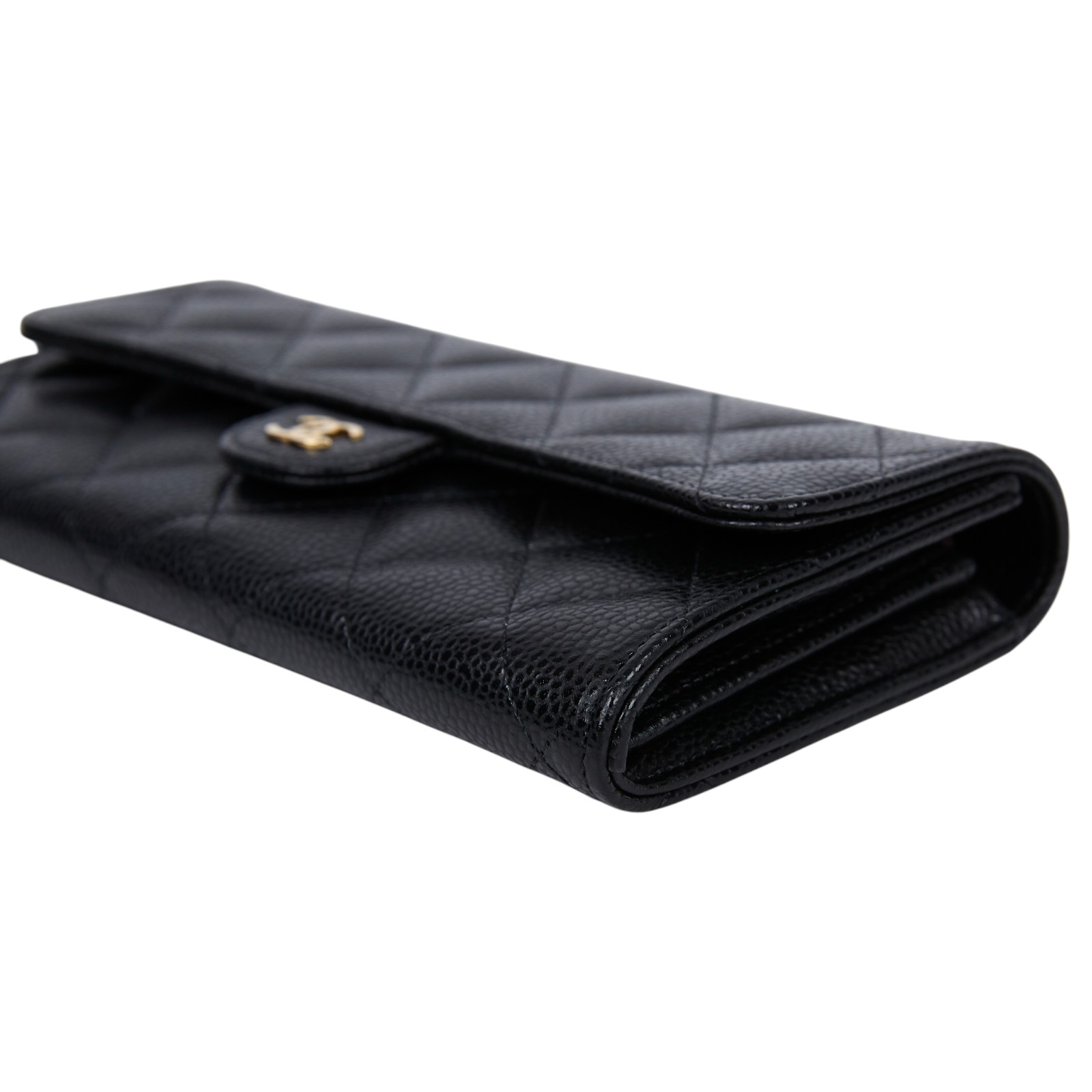 香奈兒 CHANEL 荔枝皮 扣式 翻蓋 二折長夾 AP0241 晶片款 黑金荔枝長夾 無附屬品