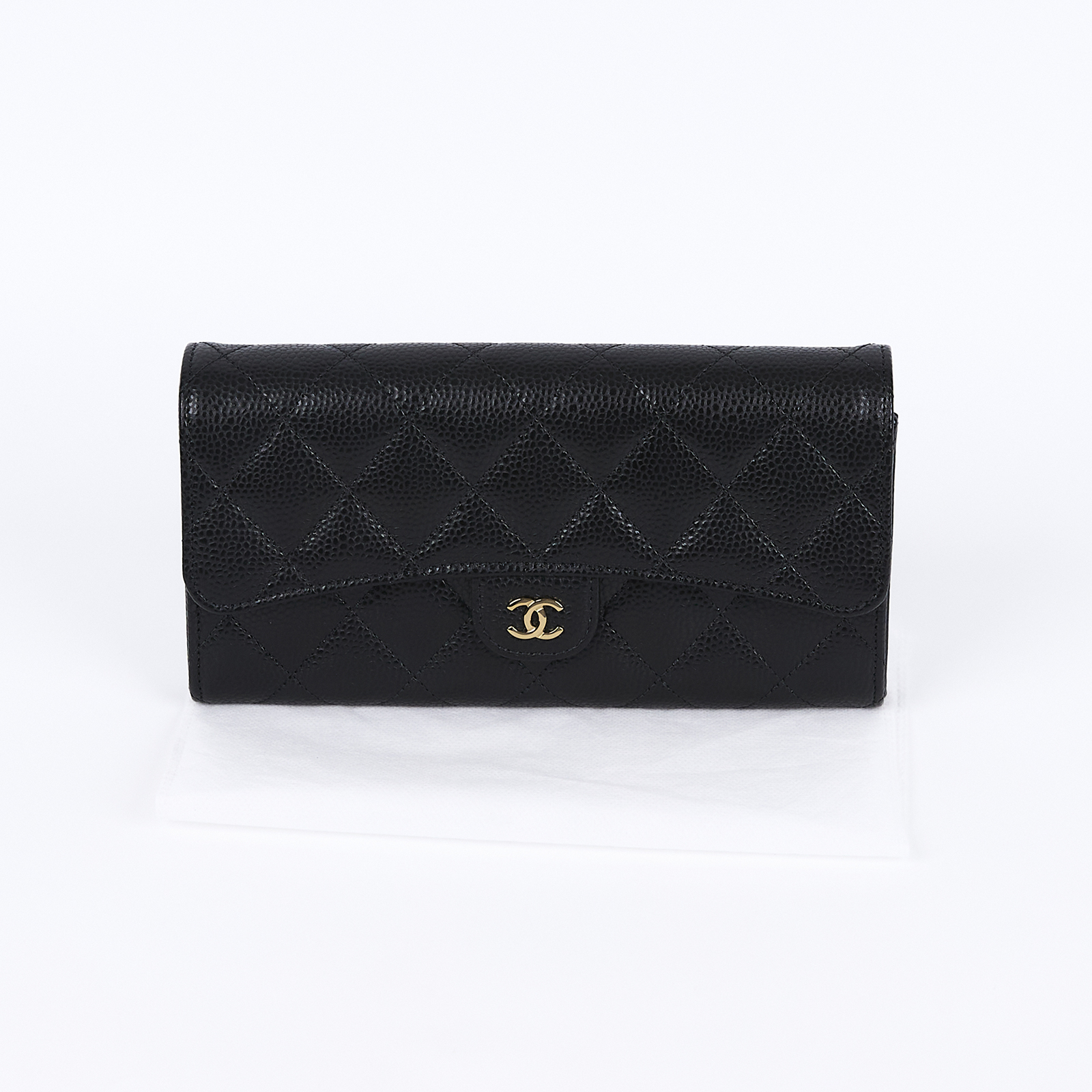 香奈兒 CHANEL 荔枝皮 扣式 翻蓋 二折長夾 AP0241 晶片款 黑金荔枝長夾 無附屬品