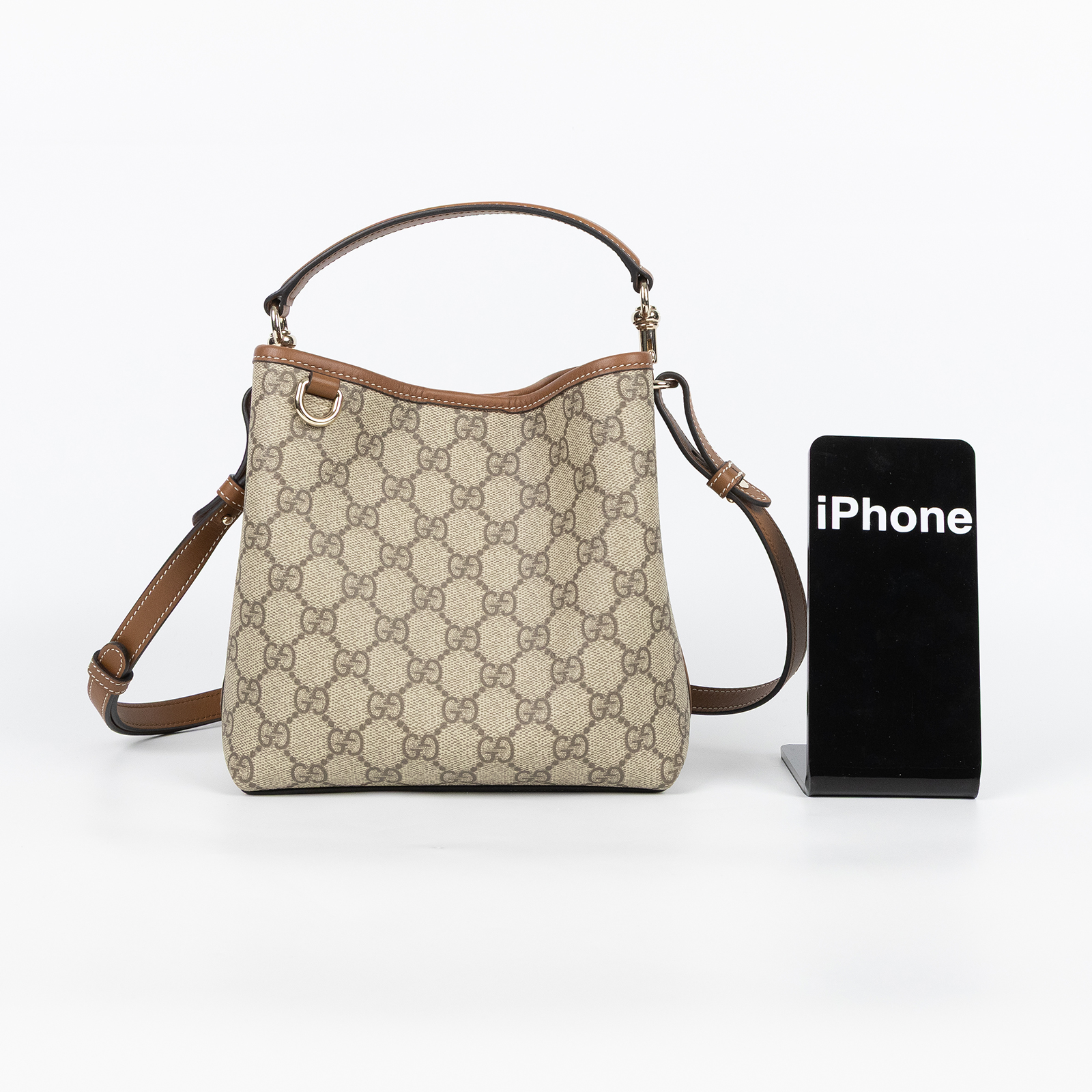 古馳 GUCCI GG Emblem 小型 手提 水桶包 815118 FAD6L 棕拚GG紋EMBLEM水桶包 小號 無附屬品