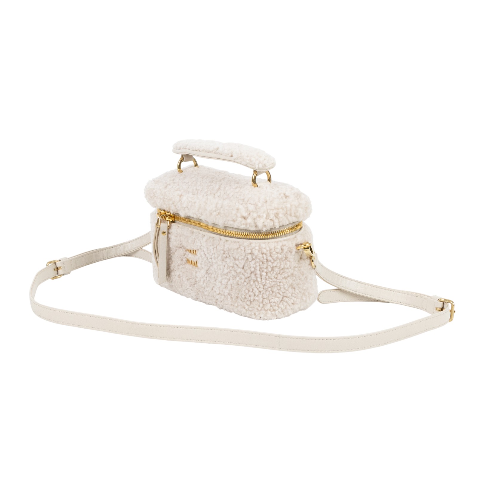 繆繆 MIU MIU 皮革細節綴飾 羊毛 肩背袋 5BH226_2F7T 白羊毛MONTONE 2WAY化妝盒 原廠盒子/防塵袋2/背帶/購買證明正本