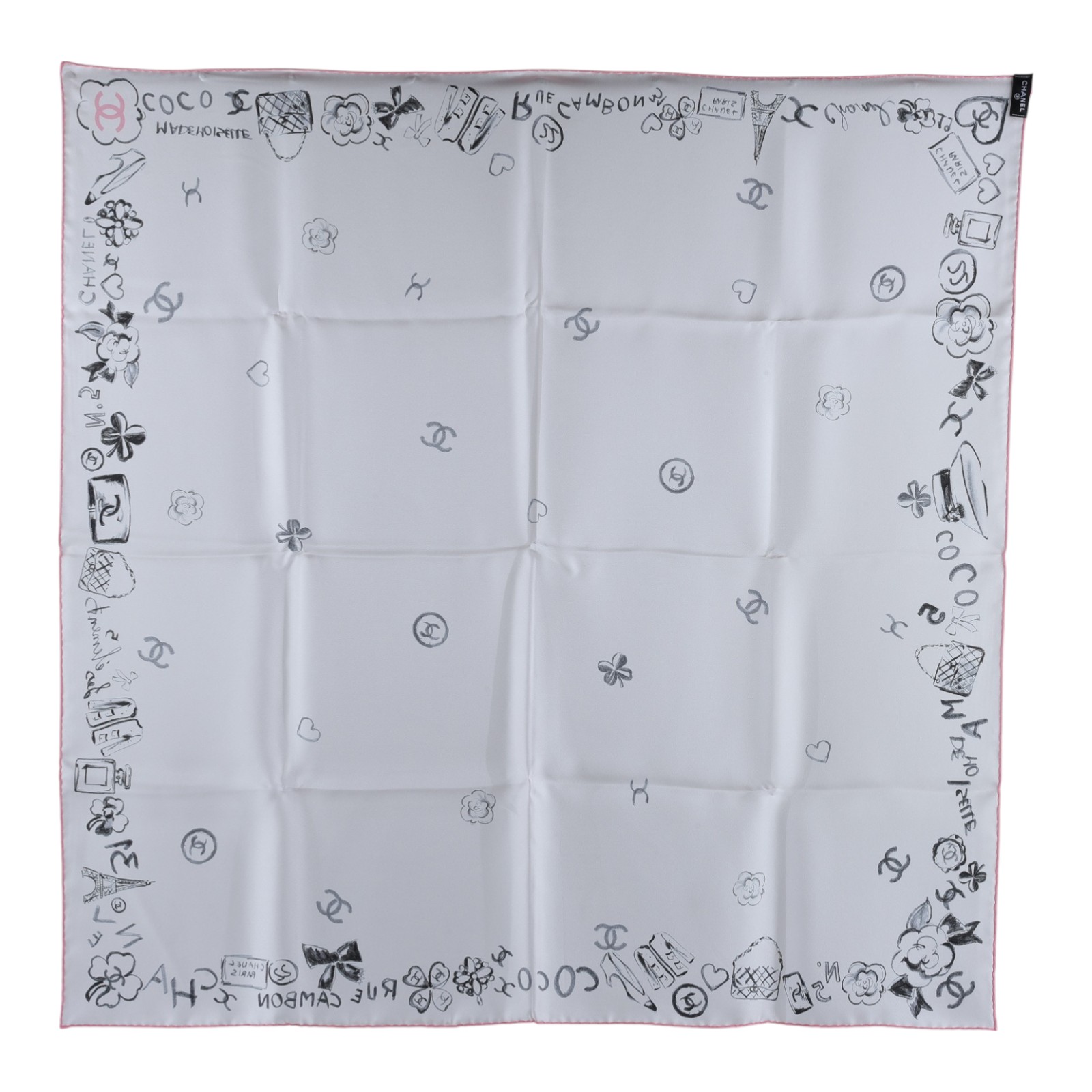 香奈兒 CHANEL CC LOGO 絲巾  粉手繪愛心絲巾90X90 原廠盒子
