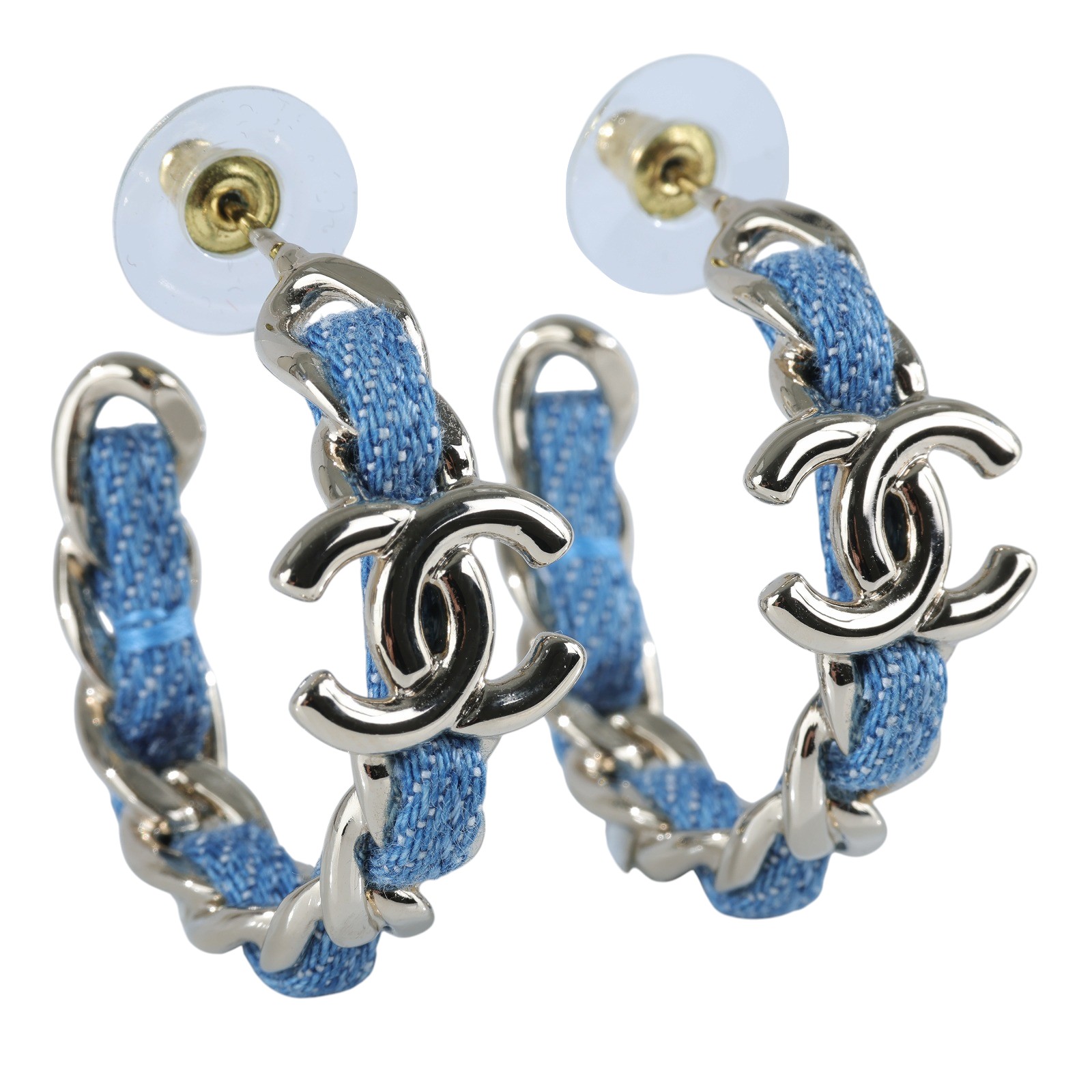 香奈兒 CHANEL CC LOGO 耳環 耳釘 ABF160/B25P 牛仔布穿鍊雙C半圈耳環 原廠盒子/購買證明正本
