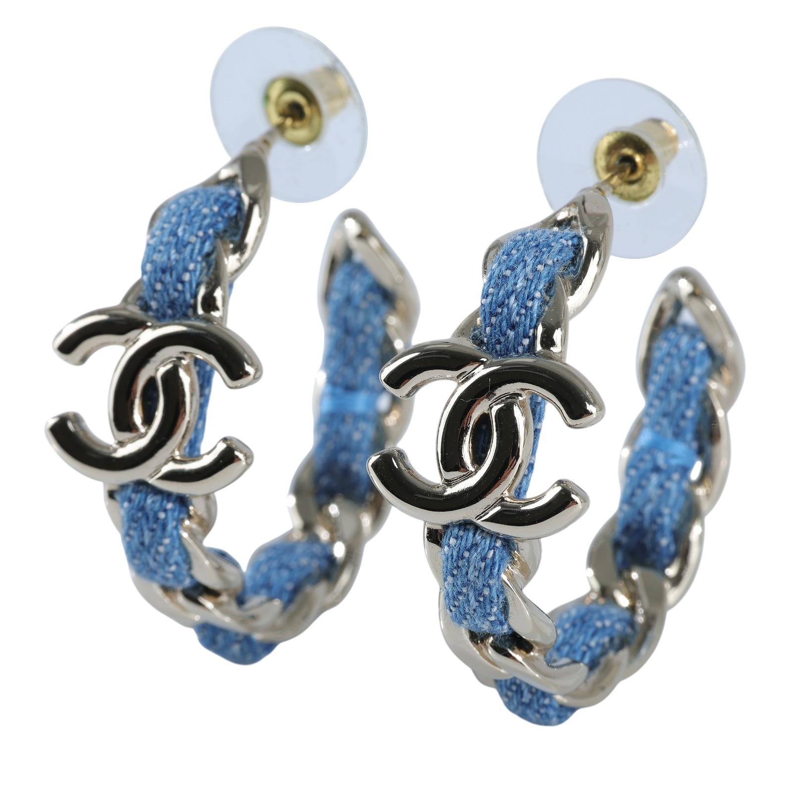 香奈兒 CHANEL CC LOGO 耳環 耳釘 ABF160/B25P 牛仔布穿鍊雙C半圈耳環 原廠盒子/購買證明正本