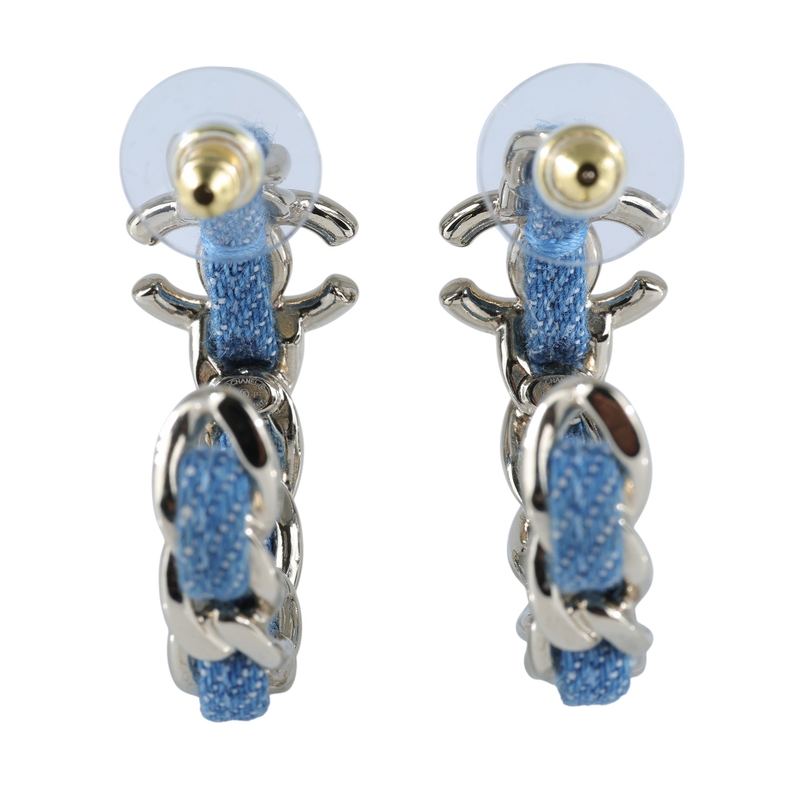 香奈兒 CHANEL CC LOGO 耳環 耳釘 ABF160/B25P 牛仔布穿鍊雙C半圈耳環 原廠盒子/購買證明正本