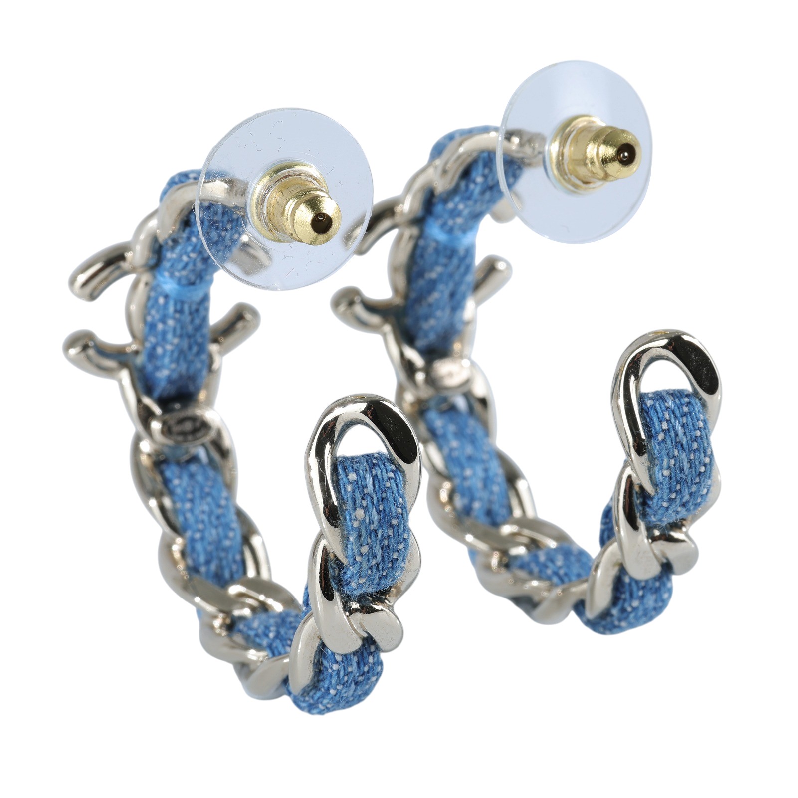 香奈兒 CHANEL CC LOGO 耳環 耳釘 ABF160/B25P 牛仔布穿鍊雙C半圈耳環 原廠盒子/購買證明正本